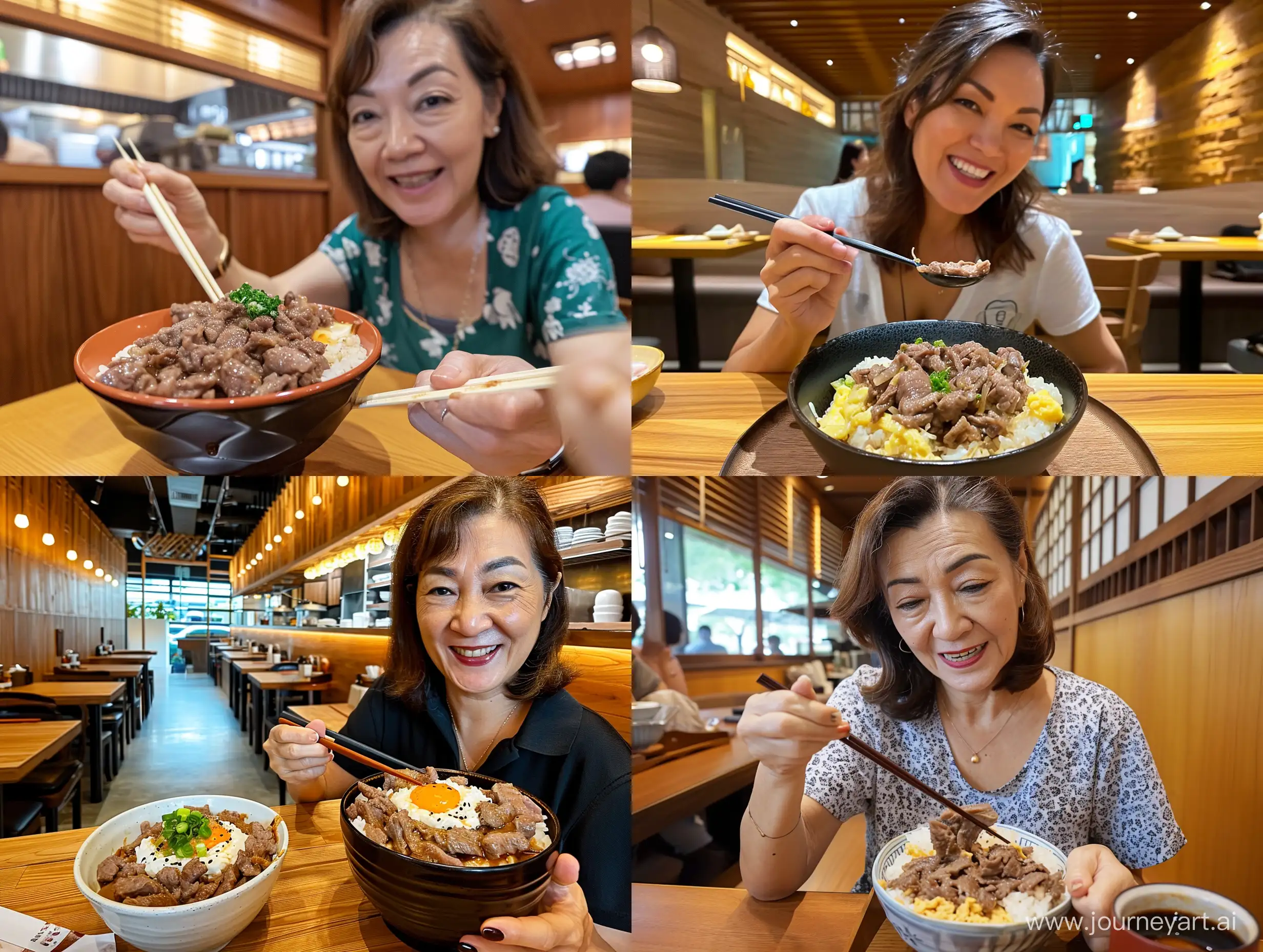 photo of a singaporean housewife eating japanese beef donburi in a japanese restaurant with wood interior, posted on facebook in 2022