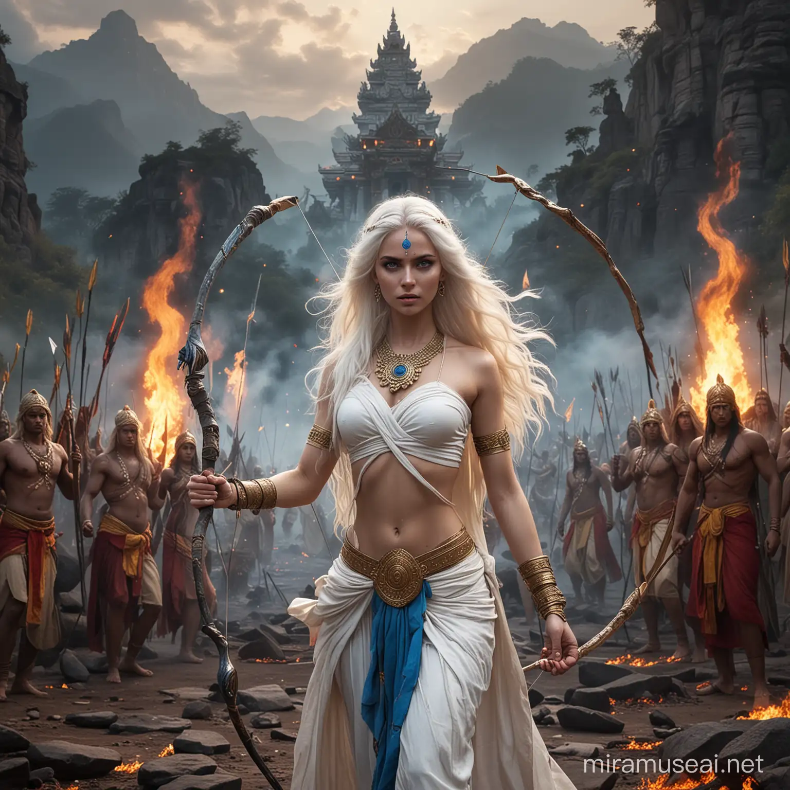 Powerful Goddess Empress in Mystical Battle Surrounded by Fire and Cosmic Energy
