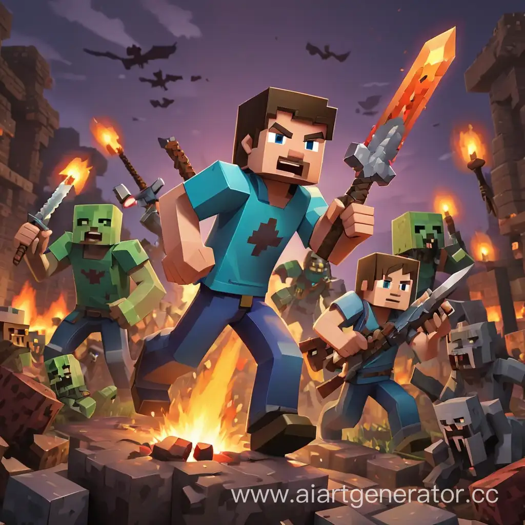 Minecraft-Player-Armed-Against-Herobrine-and-Zombie-Horde