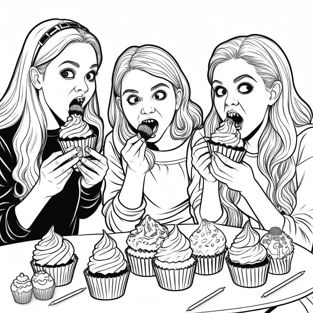 simple black and white halloween coloring book of teenagers eating cupcakes and candy