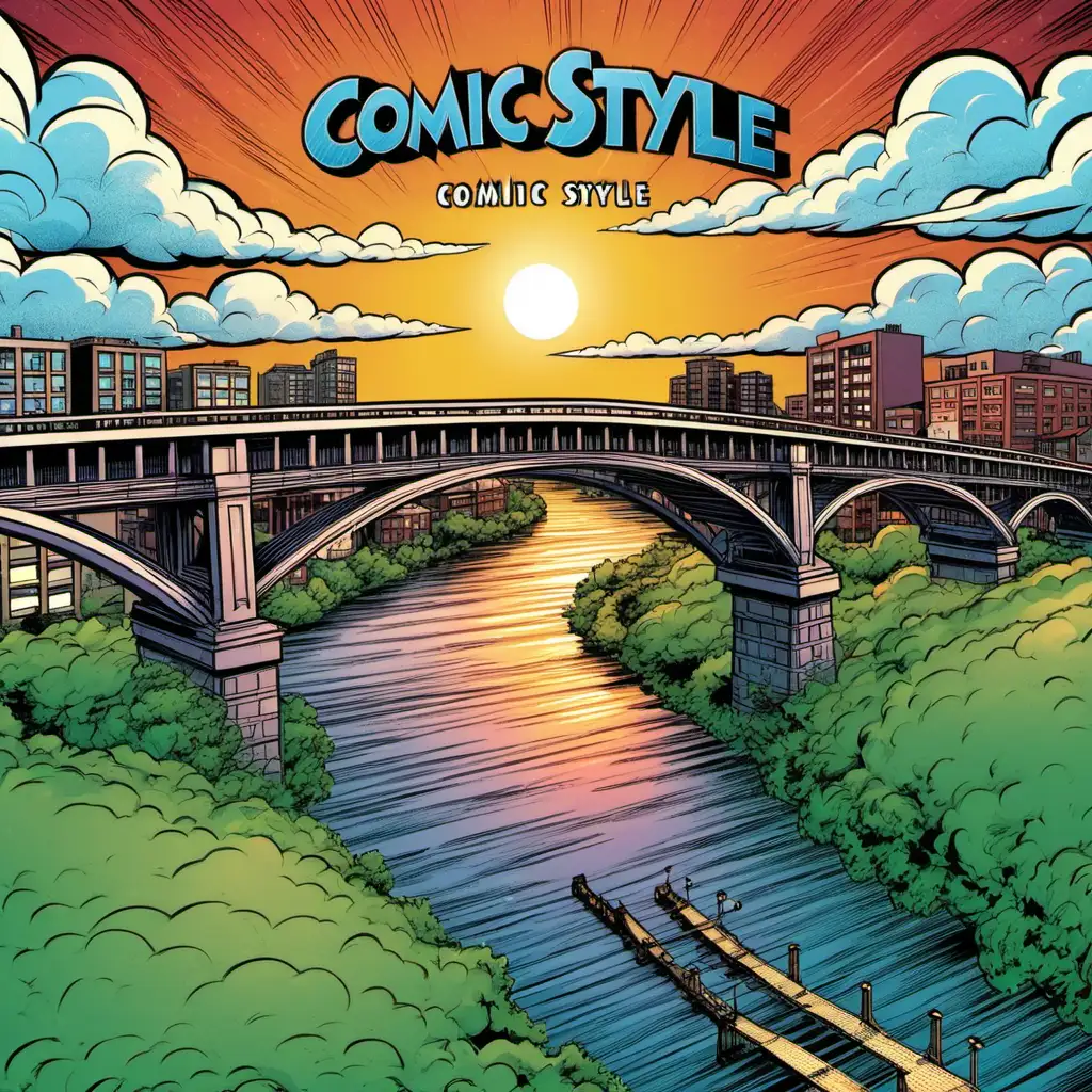 Comic Style CD Cover Scenic Sunrise Over River Bridge and Charming Town Skyline