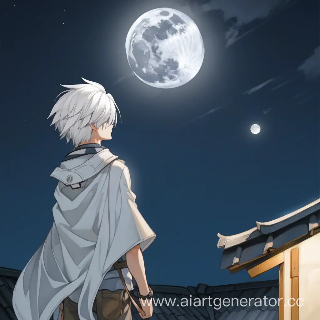 мальчик, белые волосы, спиной, поглядывает назад, ночь, полная луна, небо, крыша,