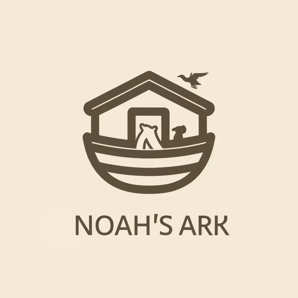 a logo design,with the text 'Noah’s ark', main symbol:Noah’s Ark with 1 horse, 1 cat, 1 dog, 1 bird,Minimalistic,be used in Animals Pets industry,clear background, black and white