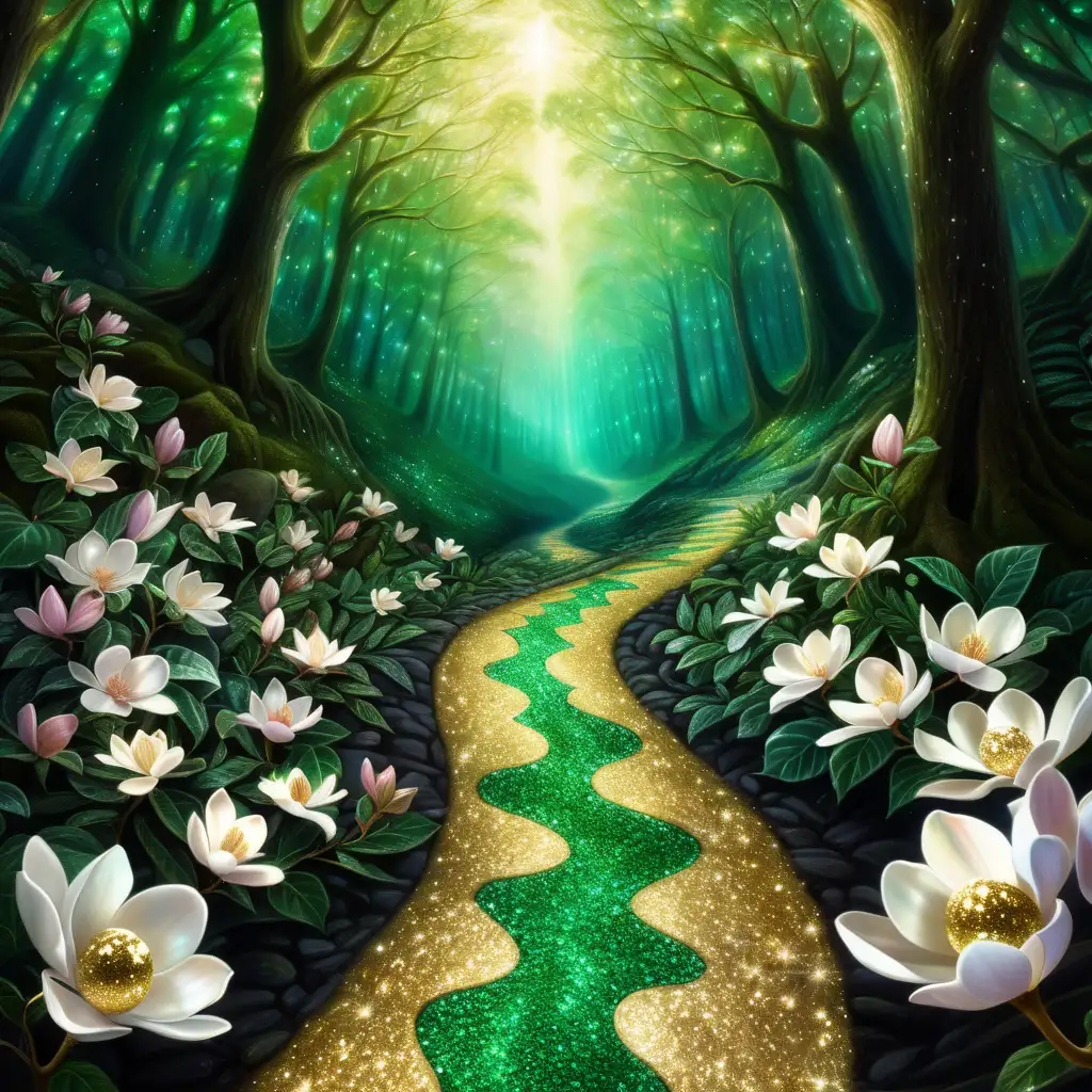 Enchanting Neon Forest Path with Glittering Butterflies and Magnolias