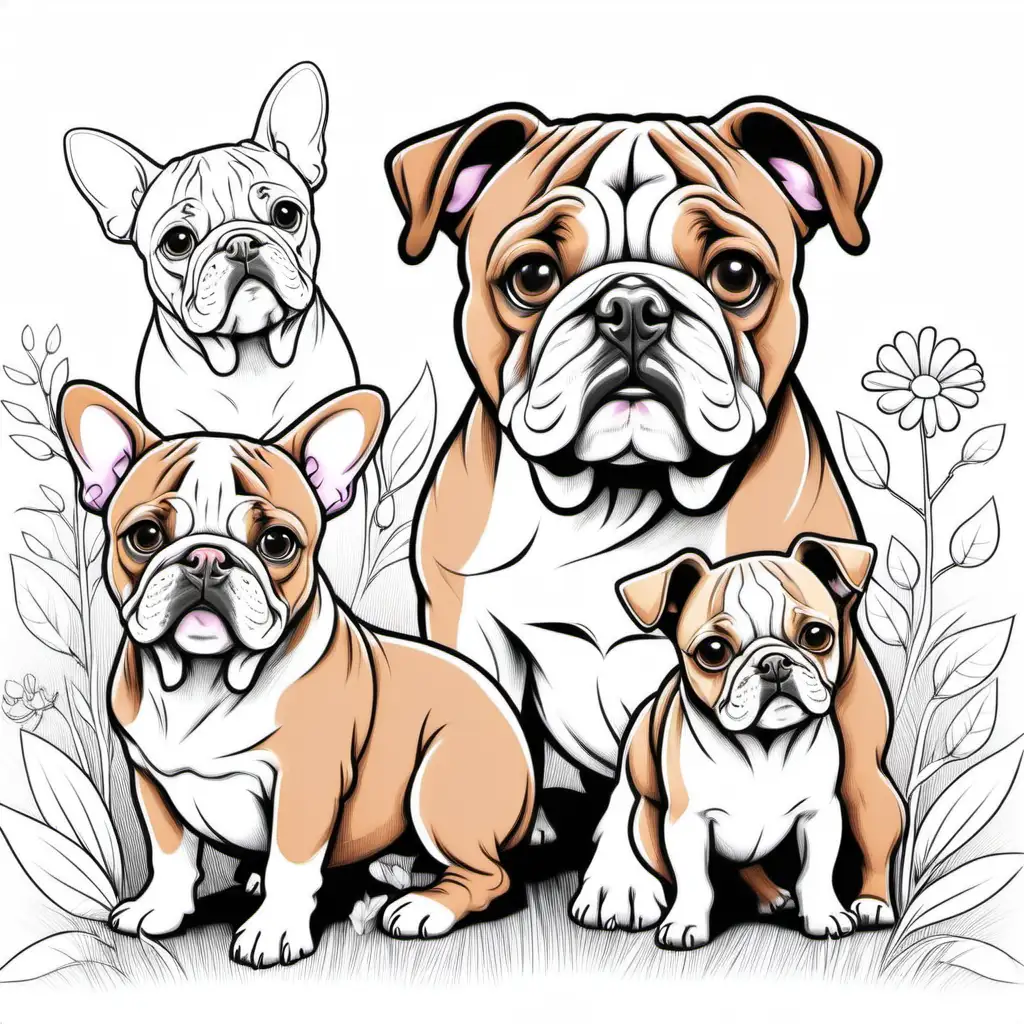 Creame un dibujo en color que salgan un bulldog ingles y 2 chihuahuas
  minimalista y adorable para un libro de colorear para niños