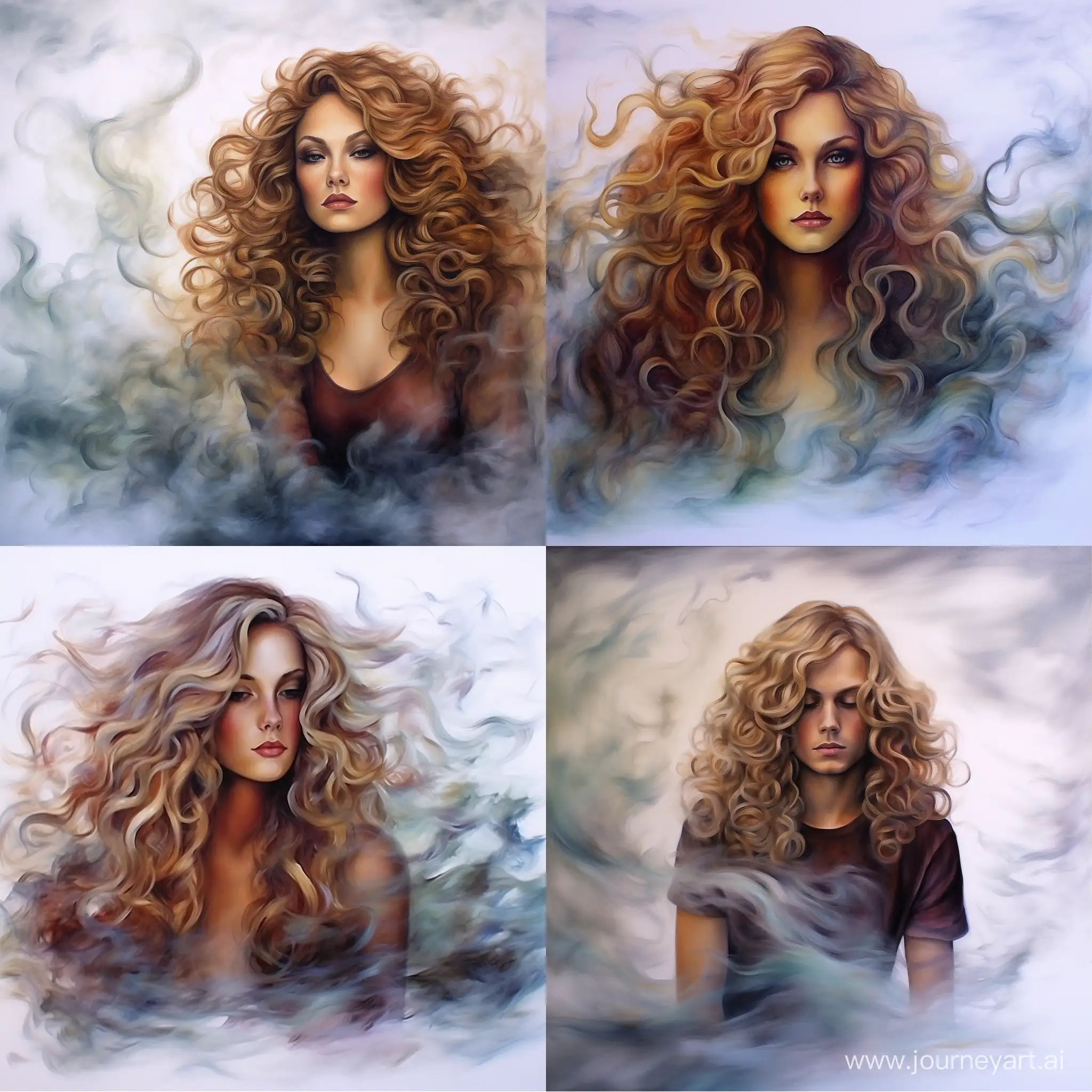A beautiful blonde with long curly hair, slender, sophisticated, model pose, macro photography of voluminous clouds of multicolored smoke and clouds, oil watercolor, airbrush