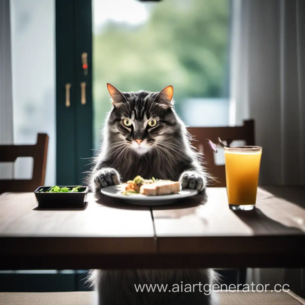 Кот с серыми глазами  обедает за столом с телефоном