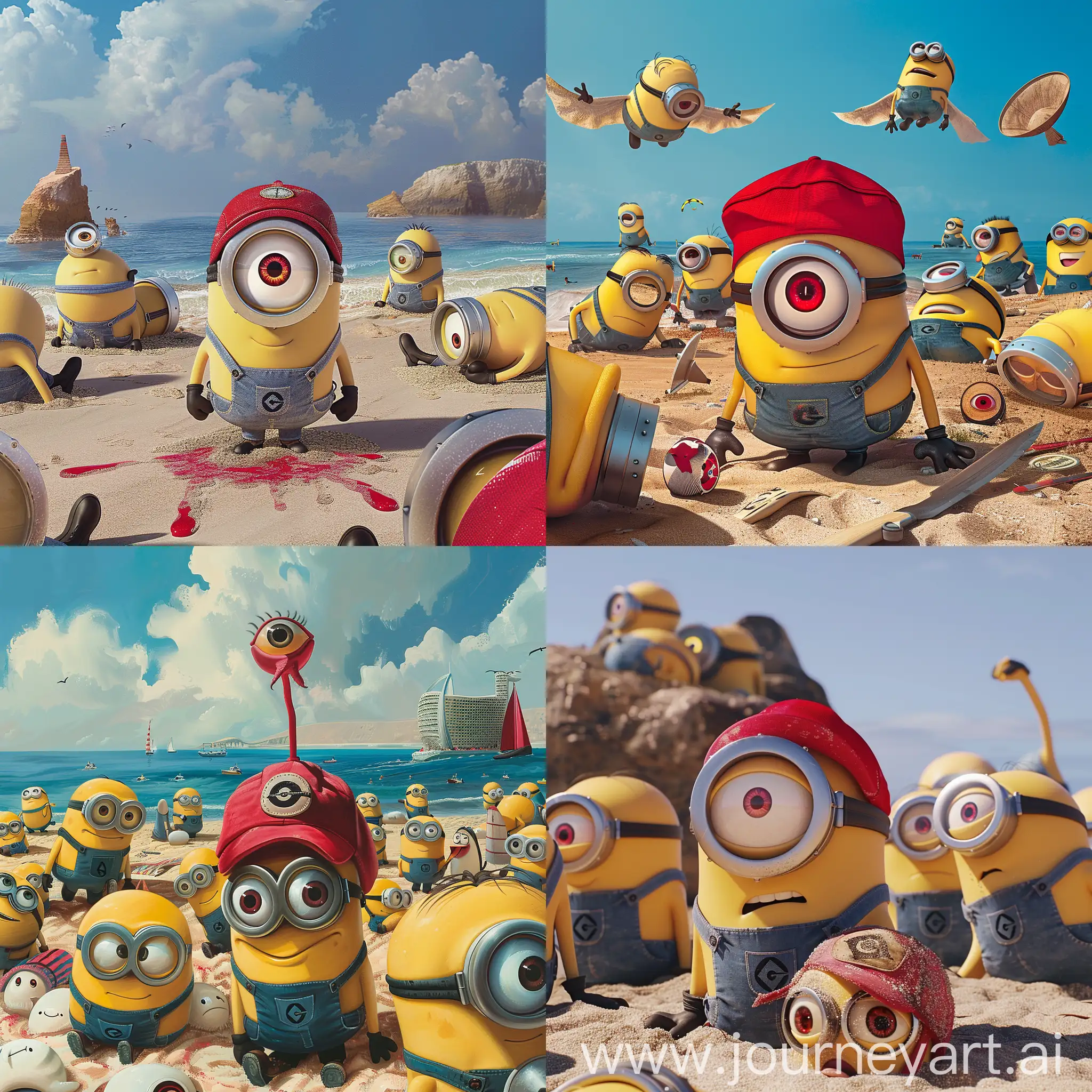 Minions-Relaxing-on-Beach-OneEyed-Minion-in-Red-Cap-Stands-Out