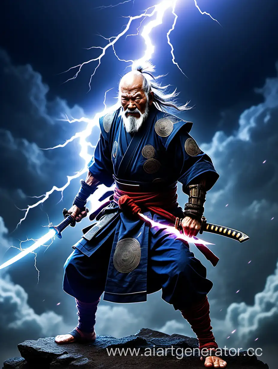 Mighty-Old-Man-Wielding-Lightning-Wrath-Energy-Katana-in-Prehistoric-Space