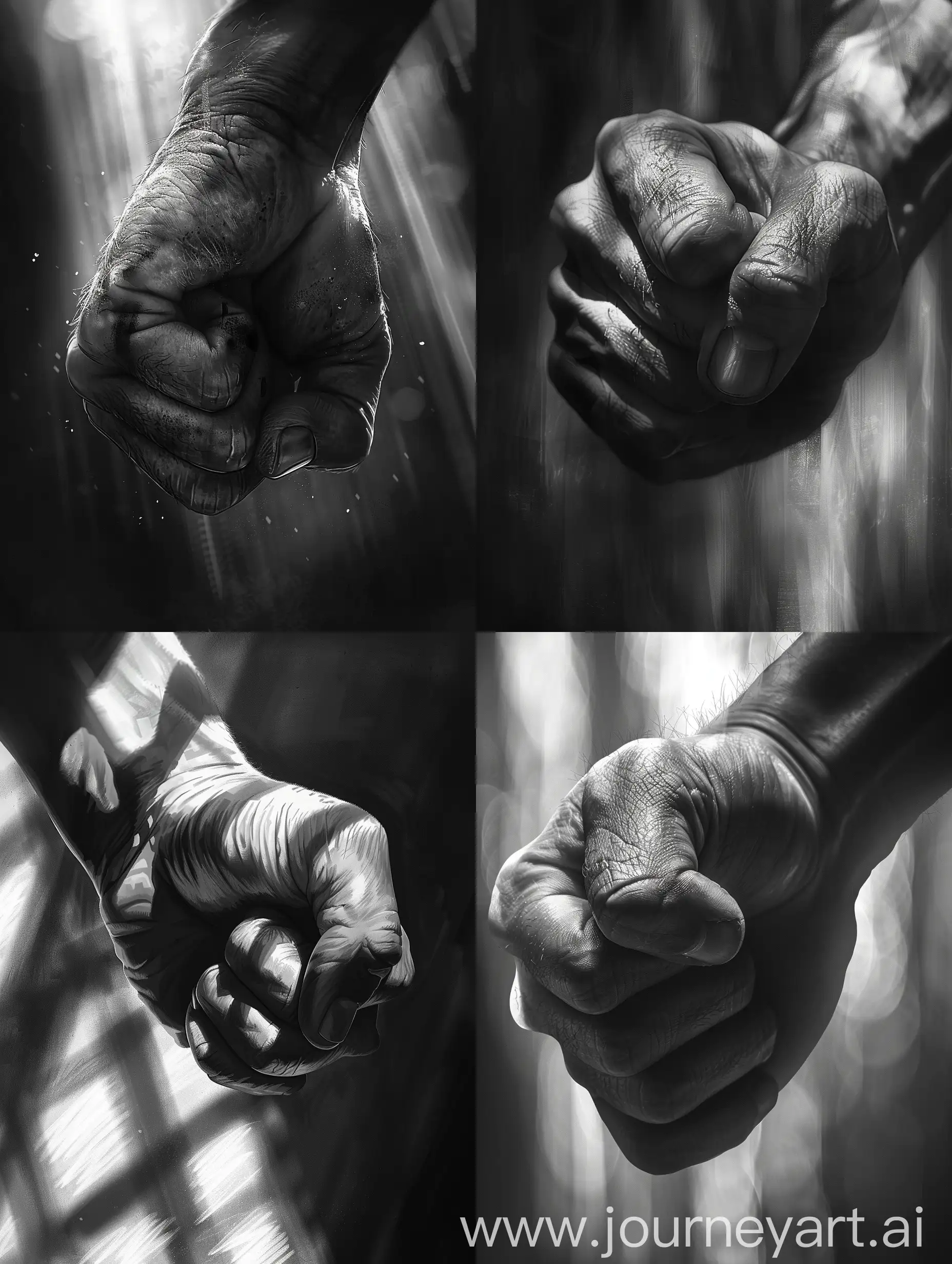 focuses on the character's hand, capturing it in a tight close-up. The hand is strong and determined, with fingers curled tightly into a fist. Light filters through the shadows, casting dramatic highlights and shadows across the knuckles, emphasizing the strength and resolve of the character. There's a sense of tension in the hand, muscles taut with determination. Perhaps there are subtle scars or calluses, indicating a history of hard work and perseverance. The background is blurred, allowing the viewer to focus solely on the powerful symbolism of the clenched fist. Overall, the image exudes a palpable sense of determination and resolve, hinting at the character's unwavering commitment to their goals. Black and white dramatic,anime style,artistic.