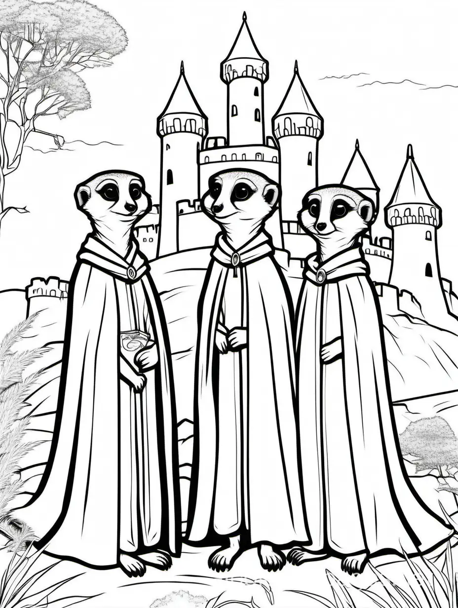 meerkats wearing cloaks outside a castle, Coloring Page, black and white, line art, white background, Simplicity, Ample White Space. The background of the coloring page is plain white to make it easy for young children to color within the lines. The outlines of all the subjects are easy to distinguish, making it simple for kids to color without too much difficulty