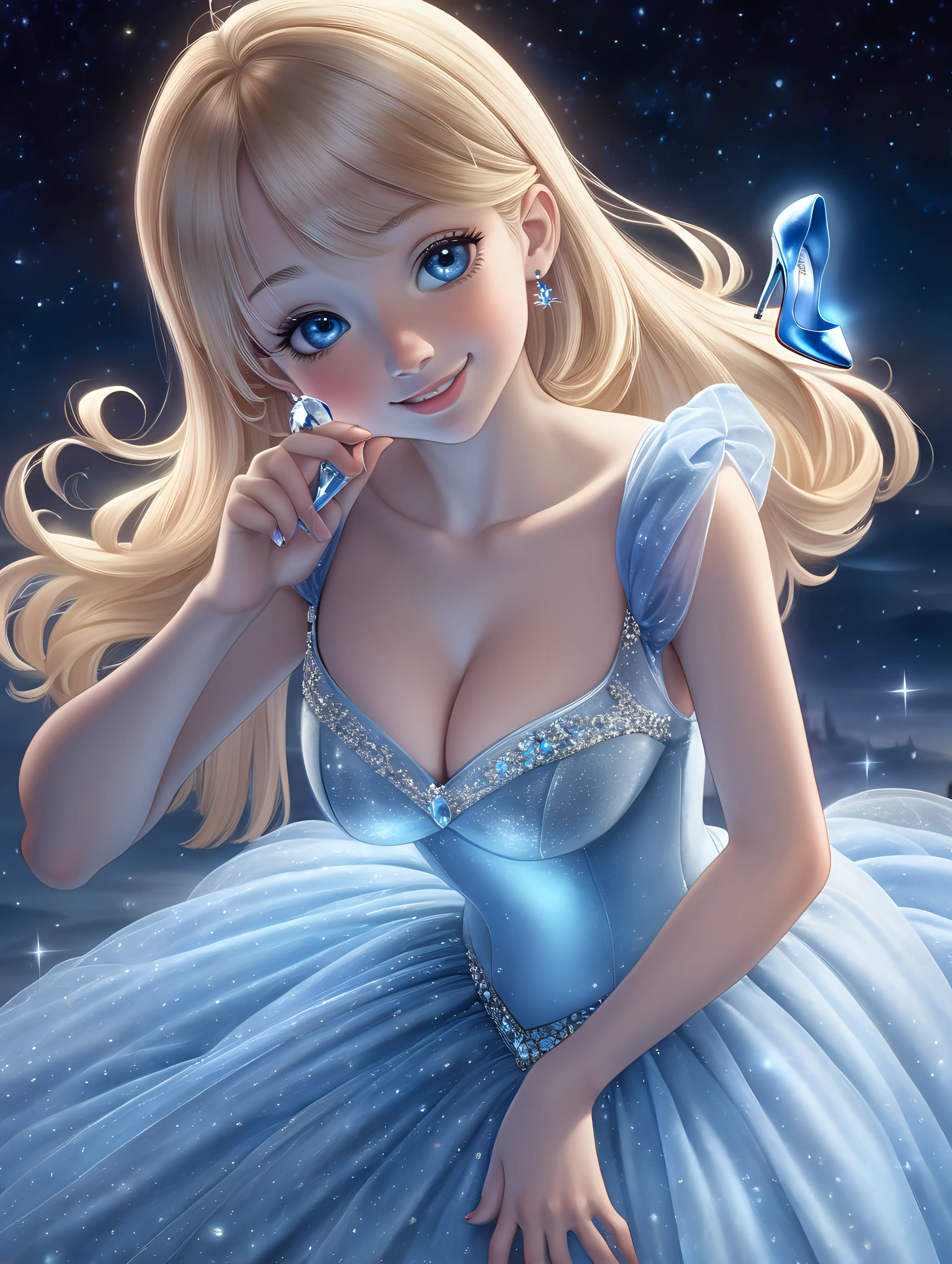 Cinderella with her crystal shoe, beautiful 20 years girl, , blond hair, lonh straight hair on her shoulder , blue eyes, red cheeks, small short nose, big eyes with long eyelashes, shiny elegant dress , she is looking up, view from above, nice face, big breast, smile, crystal shoe in her hands, Moonlight on her face 