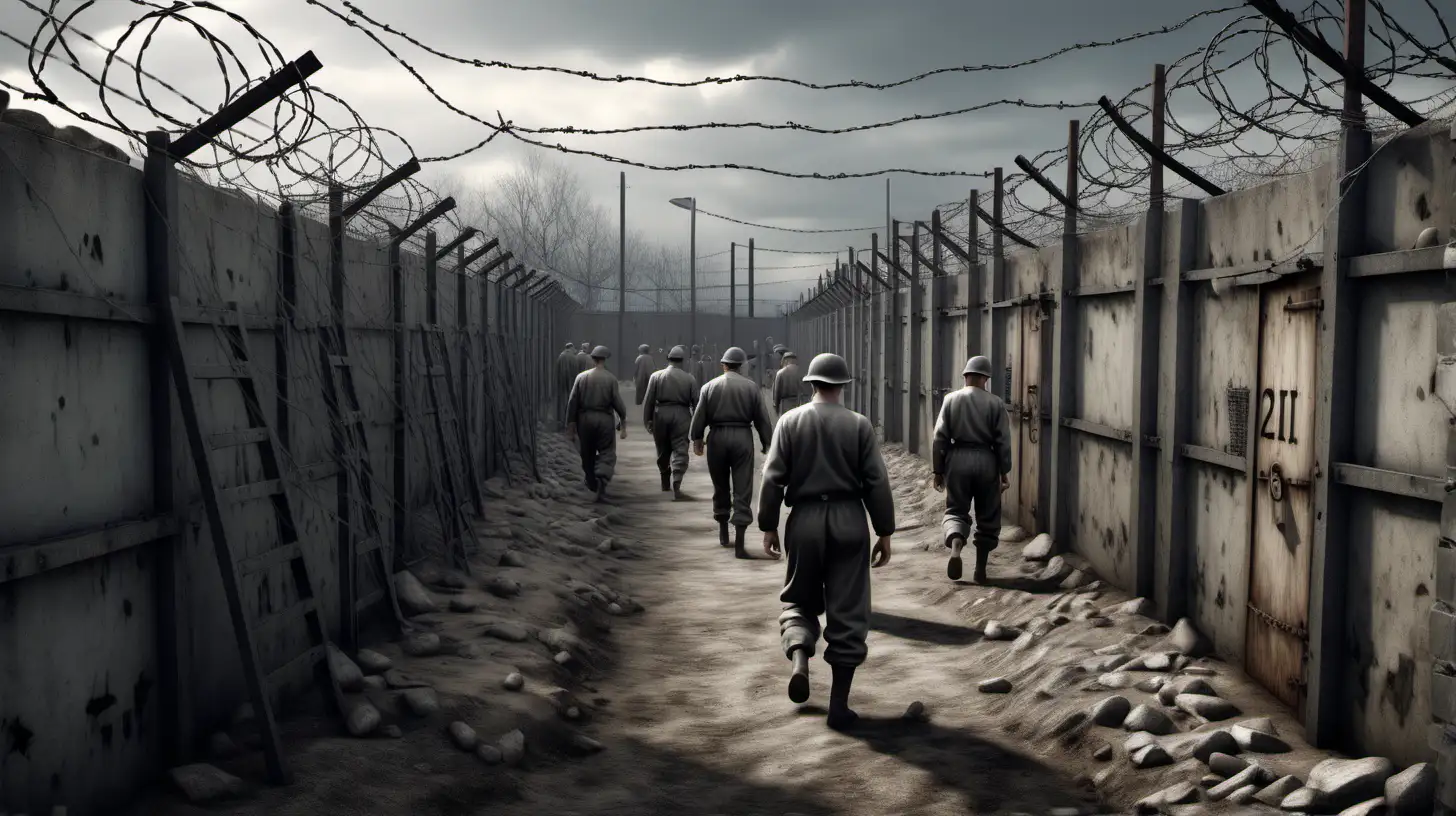 Create a hyperrealistic 8K rendering of prisoners of war in World War 2 attempting to escape their prison camp. The scene should be depicted with photorealistic detail, capturing the desperation and determination of the prisoners as they devise a plan to break free. Utilize 3D rendering techniques to depict the intricate details of the prison camp environment, including the barbed wire fences, guard towers, and makeshift tunnels dug by the prisoners. The image should be in high resolution, with HDR rendering to enhance the contrast and realism of the scene. Incorporate professional photography elements to simulate the appearance of a real-life photograph, capturing the tension and suspense of the escape attempt. The image should evoke a sense of realism and immersion, highlighting the courage and resilience of the prisoners in the face of adversity