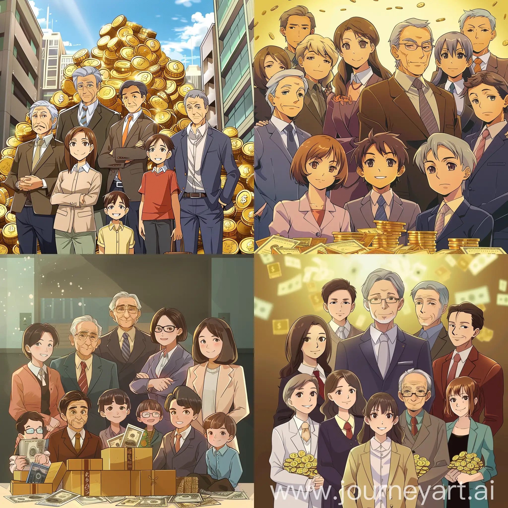 generate an anime style image of family wealth, with people of different age, wealth is an outcome of their hard work and wise investments