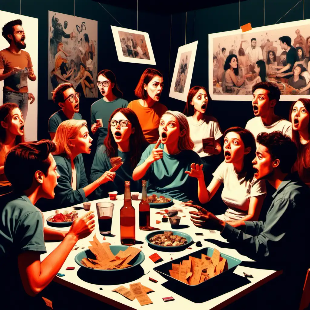 Make a collage style illustration of a secret film screening in a chaotic and dark art studio Objekts with 8 people present. Different genders and ages. Alcohol and snacks. Intense conversations and gesturing.