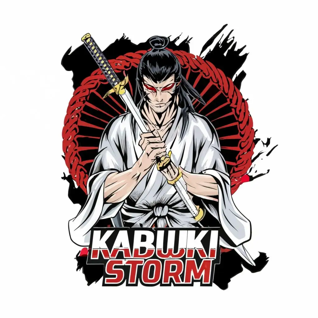 logo, Ninja with sword in white clothes, male, long black hairs, kabuki mask with red pattern,, with the text "Kabuki storm", typography
