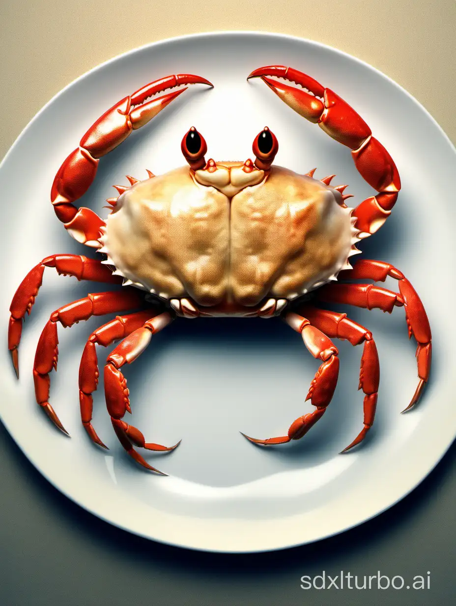 一个正常的螃蟹，腿跟钳子是正常的，不过它的身子却是包子的模样，它趴在盘子里