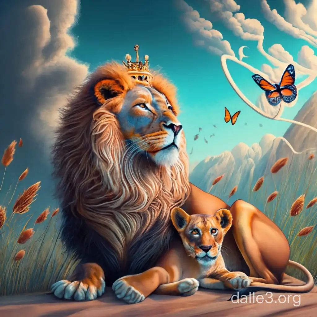 Picture a majestic lion with a regal mane, sitting proudly as the king of the animal kingdom. Now, imagine delicate butterfly wings gracefully attached to the lion, giving it an ethereal and magical touch. The combination of strength and grace, a true symbol of majesty! With a King in the background observing the scene