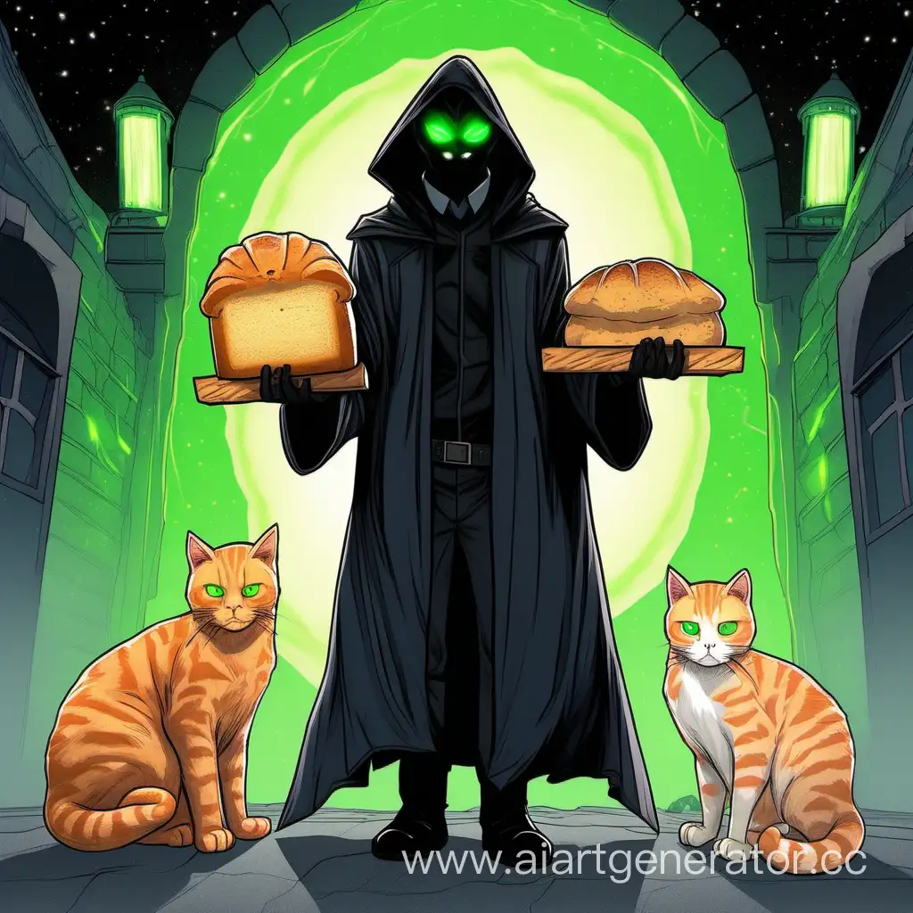 человек в тёмном балахоне с зелёными светящимися глазами, человек рыжий кот, и человек с батоном вместо головы стоят рядом