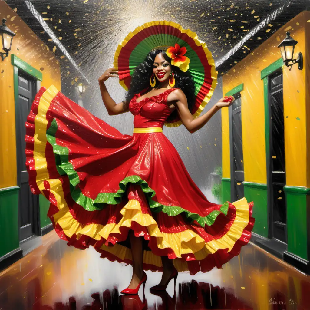 tract oil painting of a beautiful African American woman wearing a red and yellow spanish frill dress dancing with a green, yellow and red hand paper fan in her hand, red heels, she has long glossy black bodywave hair, a red sombero hat with green hibiscus flowers. Red, green and white decor in the background. Raining gold glitter dust. Sparkle effect.
