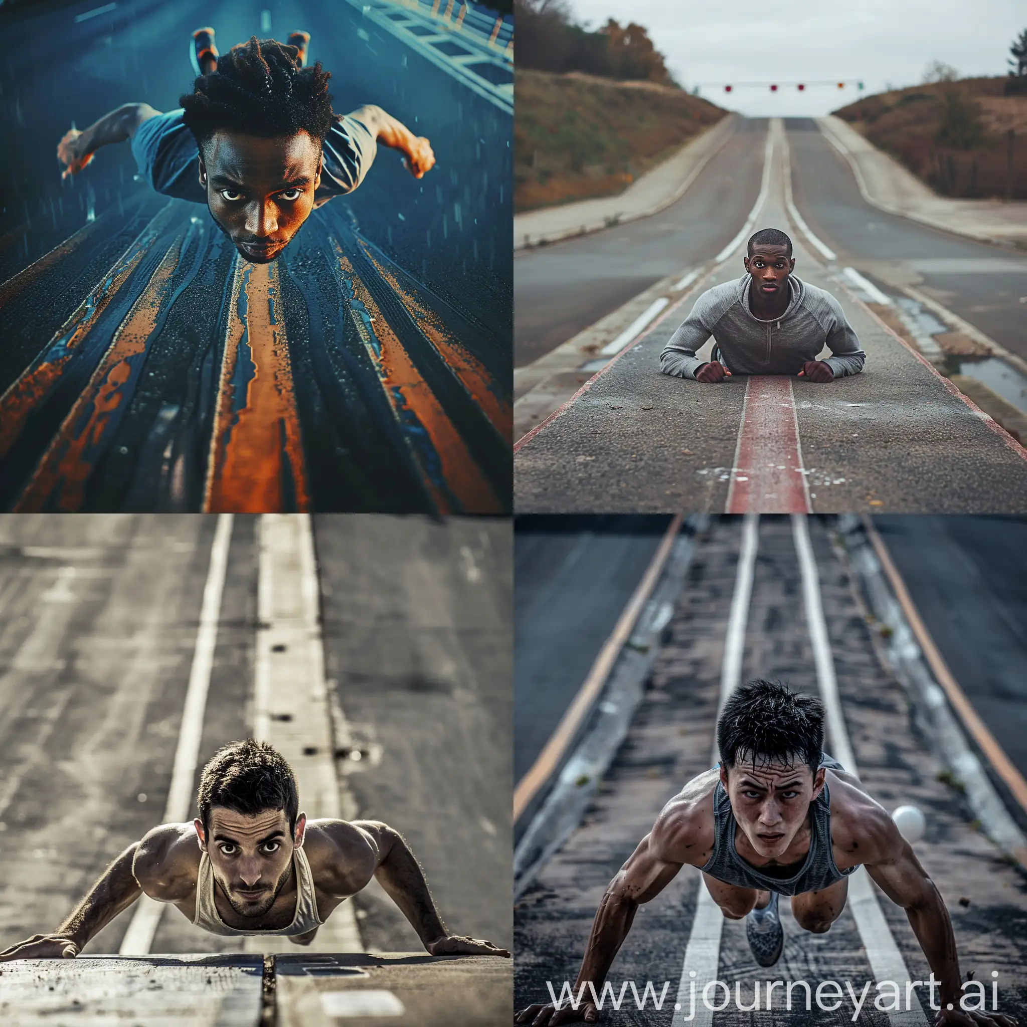 a runner losing race, his face on the center of the frame, he is looking at the front, realistic, real race, wide angle, road ramp, full body