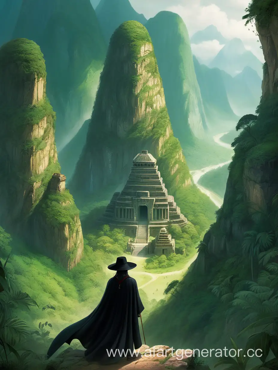 In the foreground, a traveler in a black cloak and black hat, surrounded by jungles, ahead a canyon, behind him a huge green mountain, in the mountain stands an ancient abandoned temple.