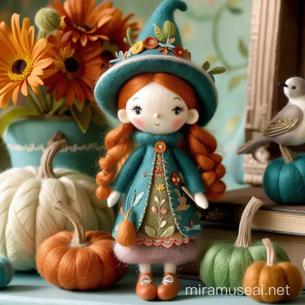 Charming Herbal Witch Doll in Fairy Wool Felted Scene