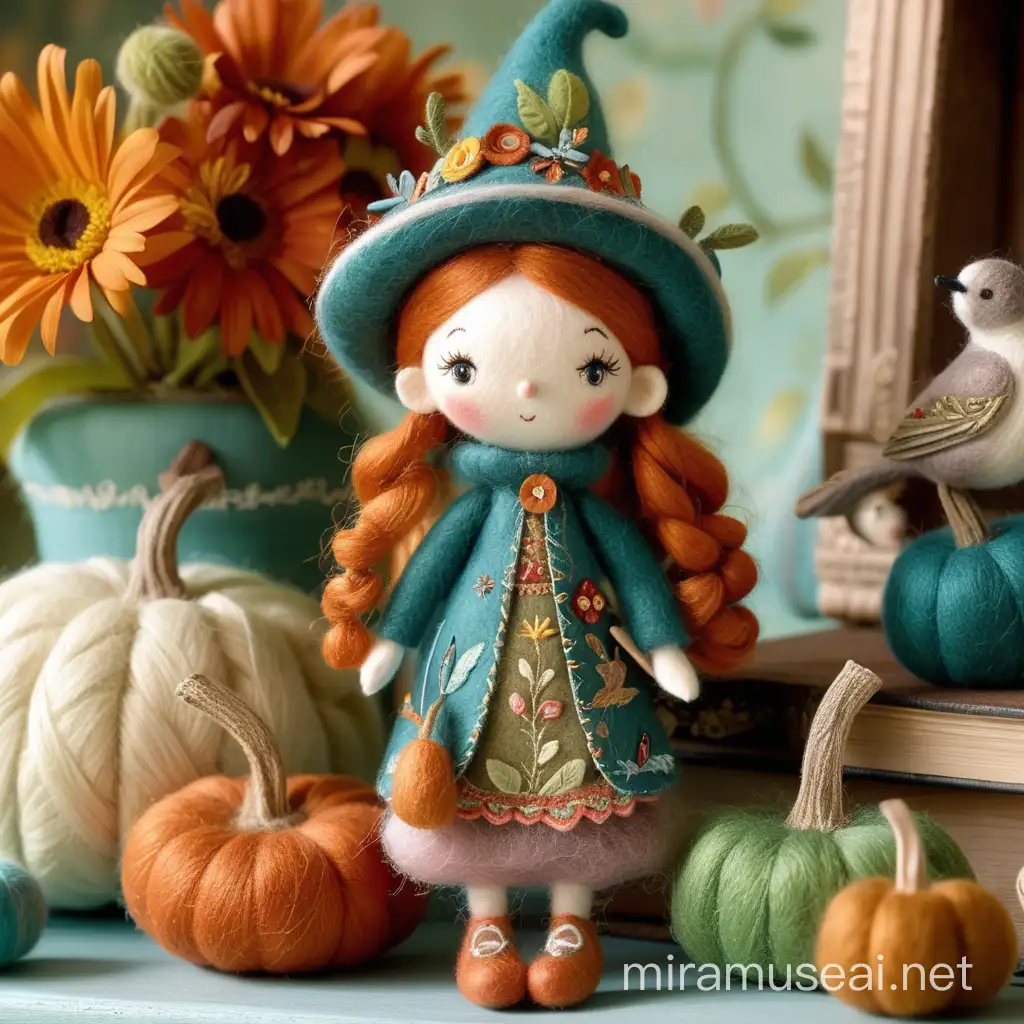 Stil und Farben von PIP STUDIO. Ein bezaubernde Meisterwerk aus Märchen Wolle Gefilzte niedliche kleiner Kräuter Hexenmädchen Puppe in still von PIP STUDIO. Ihre süßes kindliche Gesicht hat eine freundliche Gesichtsausdruck. Ihre wunderschöne Gefilzte Hexenkleidchen und Hexenhut aus Märchenwolle mit sehr hochwertiger Handwerkskunst gemacht und mit filigraner Stickereien geschmückt. Es gibt viele natürliche Warme Herbst Farben mit Hedgerow Grün und aufwendigen Details. Jedes Detail ist sorgfältig durchdacht und mit Genauigkeit durchgeführt. Sehr wertvolle filigrane figürchen mit kunstvolle feiner Stickereien verschönert. Im Hintergrund eine bezaubernder Zimmer in PIP STUDIO Stil, mit vielen schönen Gefilzten Pflanzen, PIP STUDIO Blumen, Vögel und Kürbissen, die der Szene eine besondere Note verleihen. Alles aus Märchenwolle Gefilzt. Diese nidliche Puppe verleiht Hauch von Magie und entführt den Betrachter in eine Welt voller Fantasie und Wunder. Keine goldene Farben.