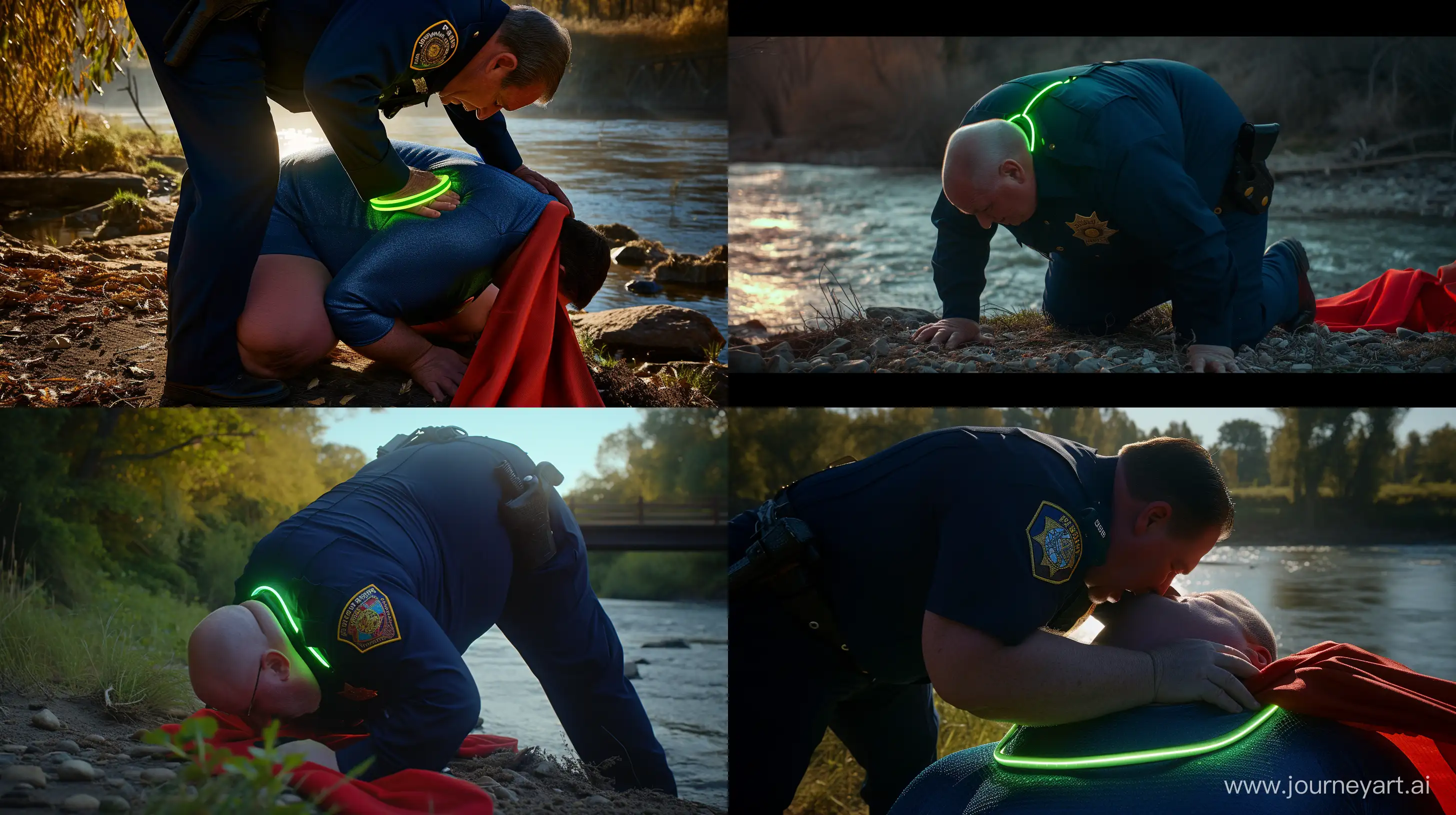 Close-up photo of a action scene of a fat man aged 60 wearing a navy police uniform. Bending behind and tightening a tight green glowing neon dog collar on the nape of a fat man aged 60 wearing a tight blue 1978 smooth superman costume with a red cape crawling on all four. Natural Light. River. --style raw --ar 16:9