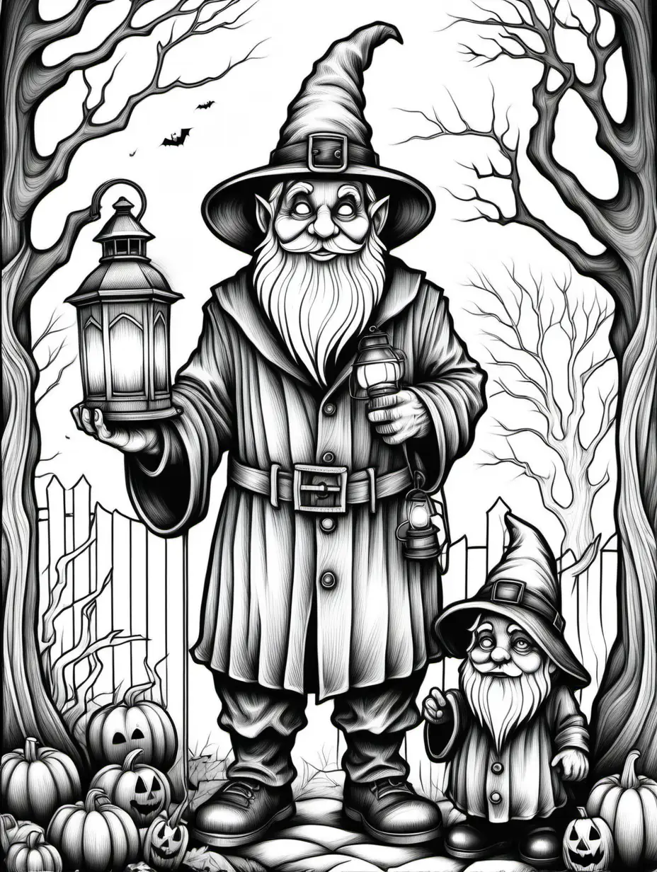 adult coloring page, halloween caretaker with lantern gnome, thick lines, low detail, no shading