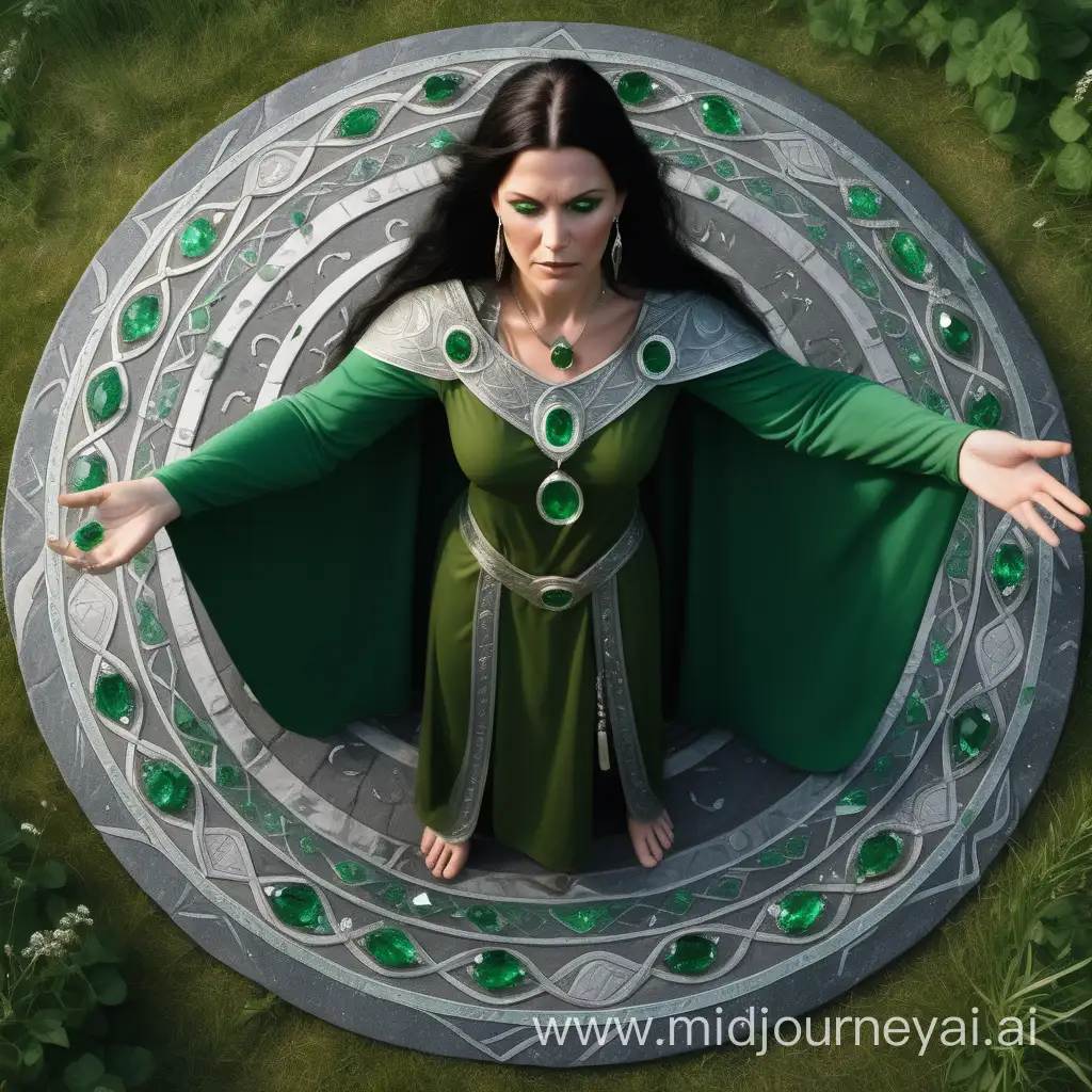 an ancient Norse sorceress with dark hair, wearing a green cape with emeralds & silver & crystals in a circle on the ground around her practising a ritual during during the summer solstice