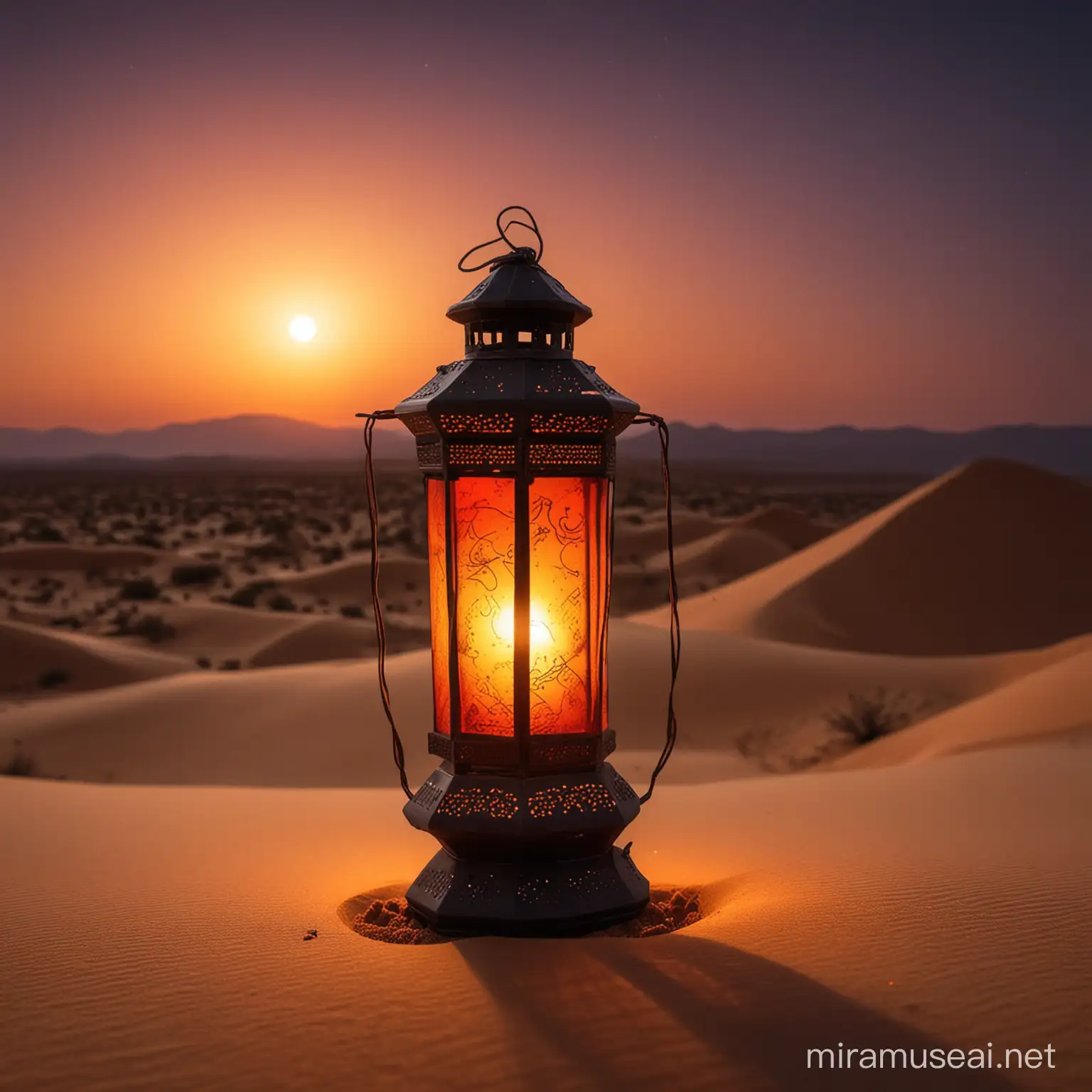 make a manipolation for eid lantern in desert with dark view dark 
sunset glow happy vibes