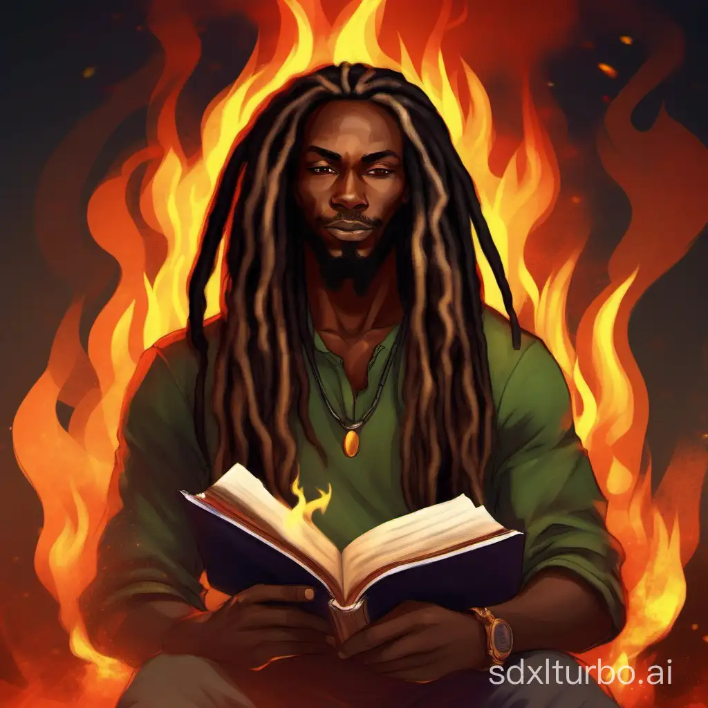 African man, long rasta hair, handsome, circled by fire, reading a book with a smirk.