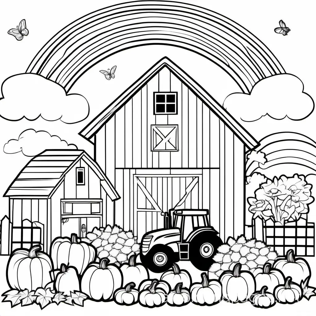  a barn, a tractor, a farmhouse, a pig,  pumpkins, fruits and vegetables, flowers  butterflies and books on a sunny day with a rainbow in the sky, Coloring Page, black and white, line art, white background, Simplicity, Ample White Space. The background of the coloring page is plain white to make it easy for young children to color within the lines. The outlines of all the subjects are easy to distinguish, making it simple for kids to color without too much difficulty