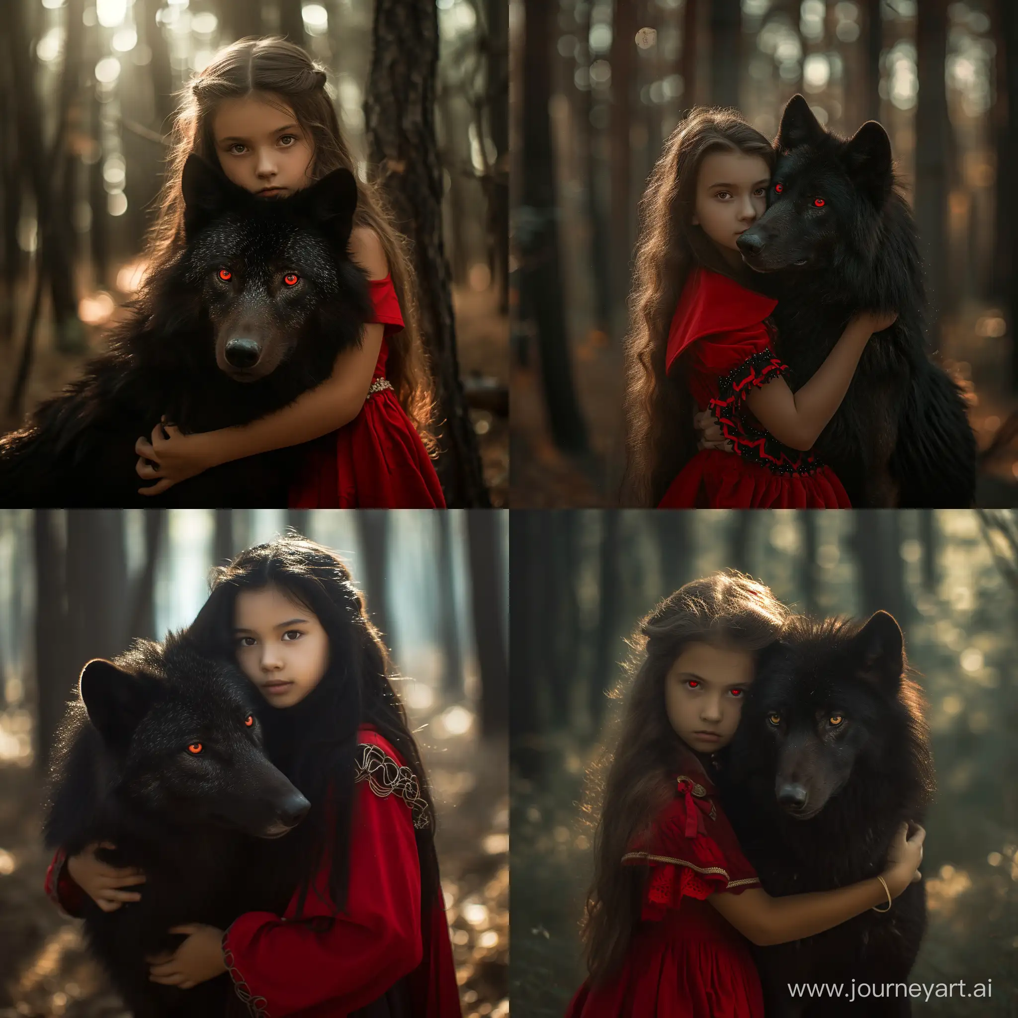 little red riding hood, pretty young girl, holds the black wolf in her arms, forest, light passing through the trees, wolf red eyes, aggresive wolf, the wolf bore its teeth as a warning, realistic Portrait Photography, high quality photograph, In the style of Luis royo —style raw