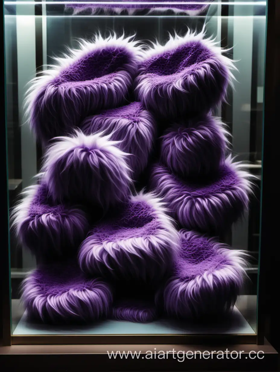 Furry-Purple-Pile-Sculpture-Encased-in-Glass-Cabinet