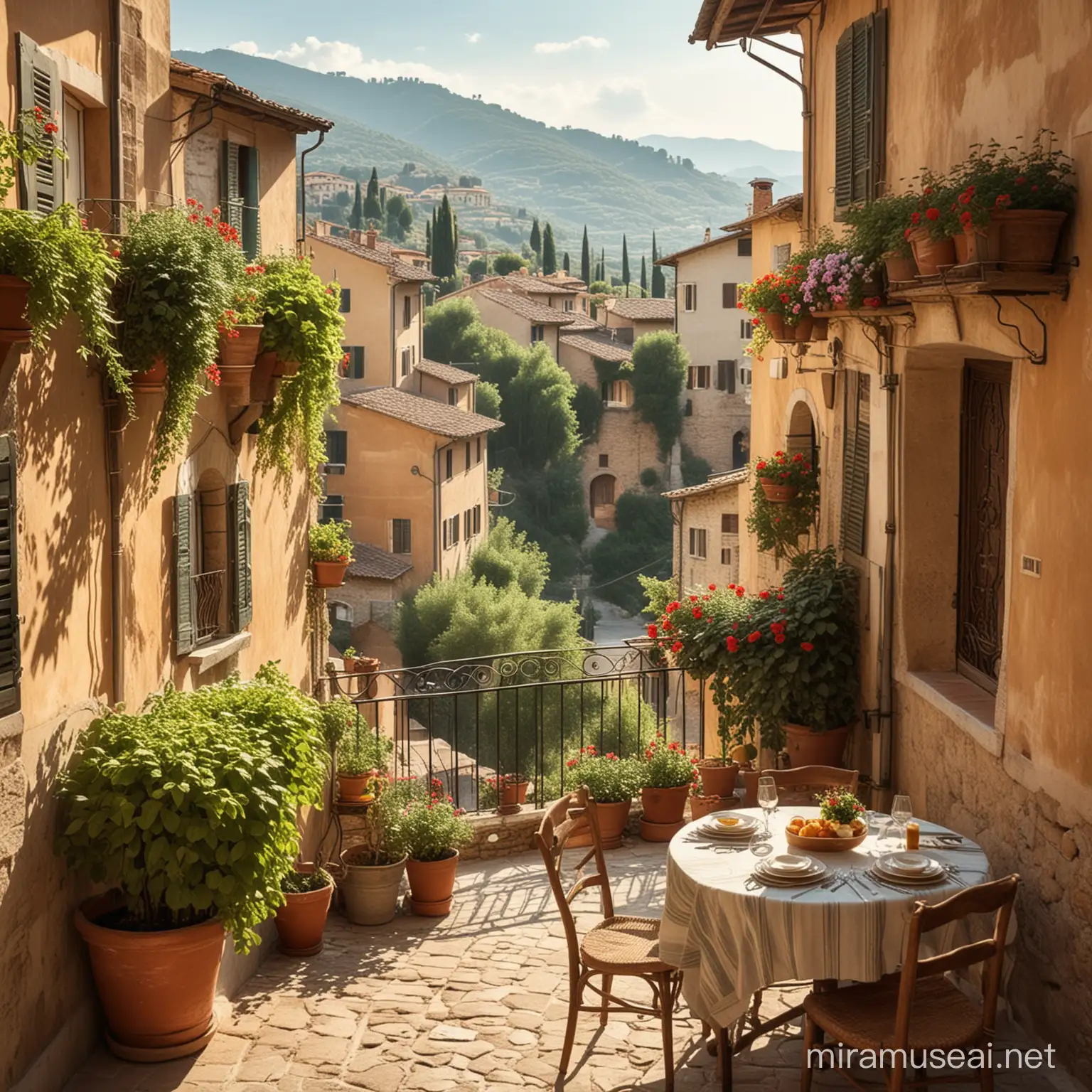 Charming Italian Village Scene Sunny Terrace Overlooking Table and Balcony Landscape