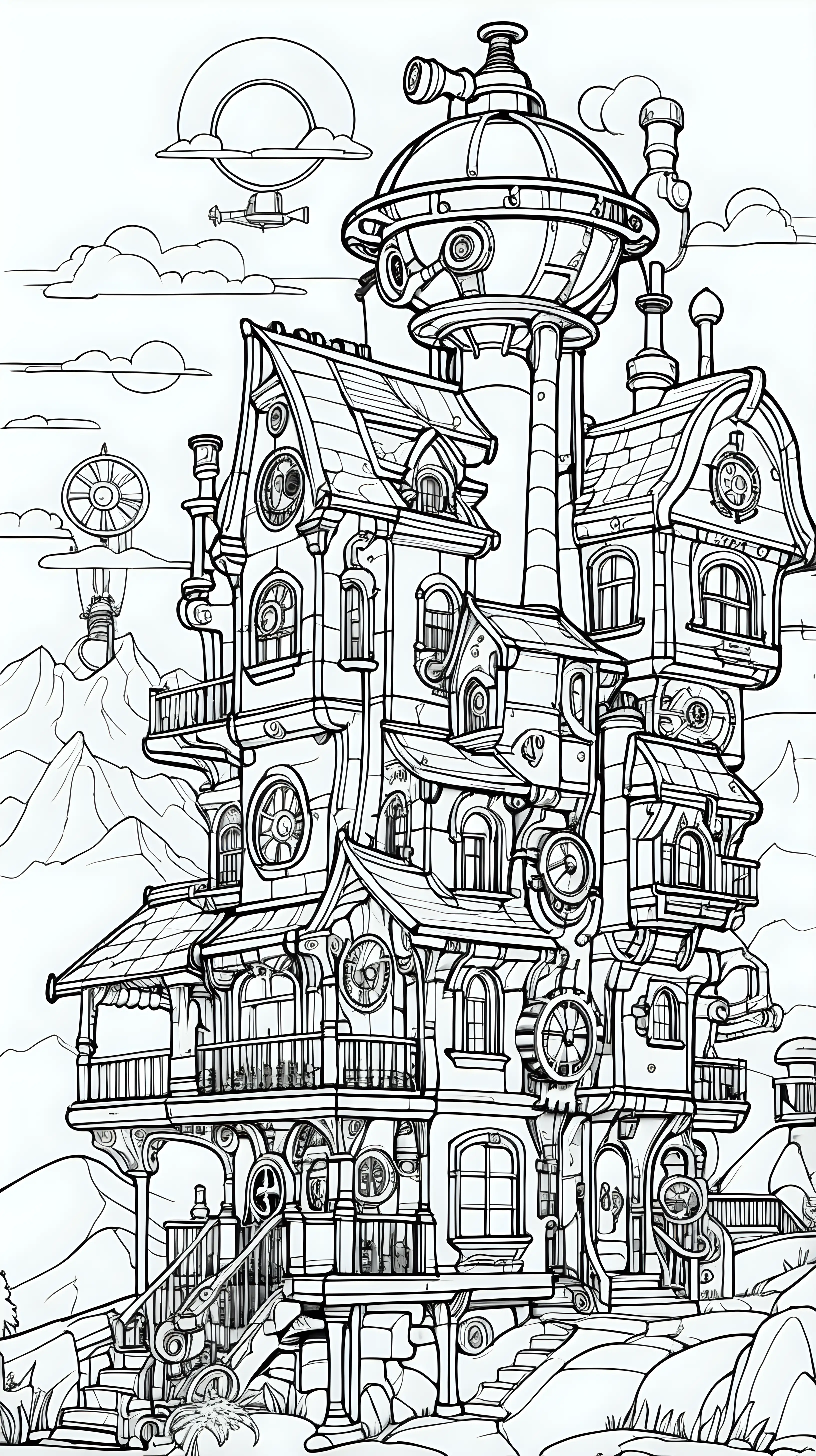 Epic Steampunk Style House Drawing in Cartoon Coloring Book Style