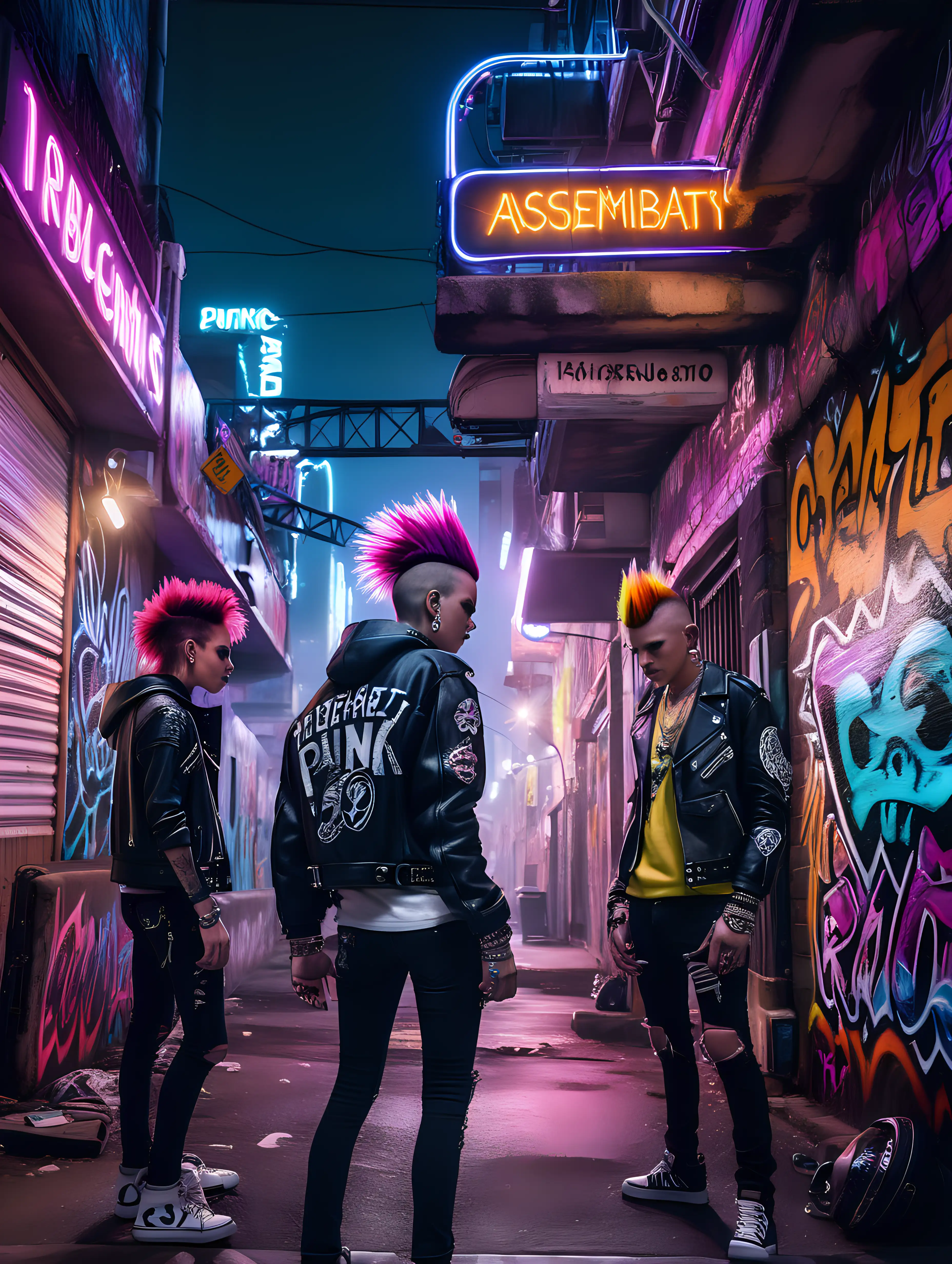 (cinematic lighting), In the depths of the night, a chaotic punk anarchy street comes alive with rebellious energy. Neon lights flicker against graffiti-covered walls, casting an erratic glow on the diverse assembly of punk enthusiasts. The air resonates with the raw sounds of rebellious music, blending with shouts and laughter. Spiked hairstyles, leather jackets, and vibrant tattoos add to the visual cacophony, creating an urban landscape that embodies the spirit of punk anarchy in its most vibrant and unpredictable form, intricate details, hyper realistic photography,--v 5, unreal engine,