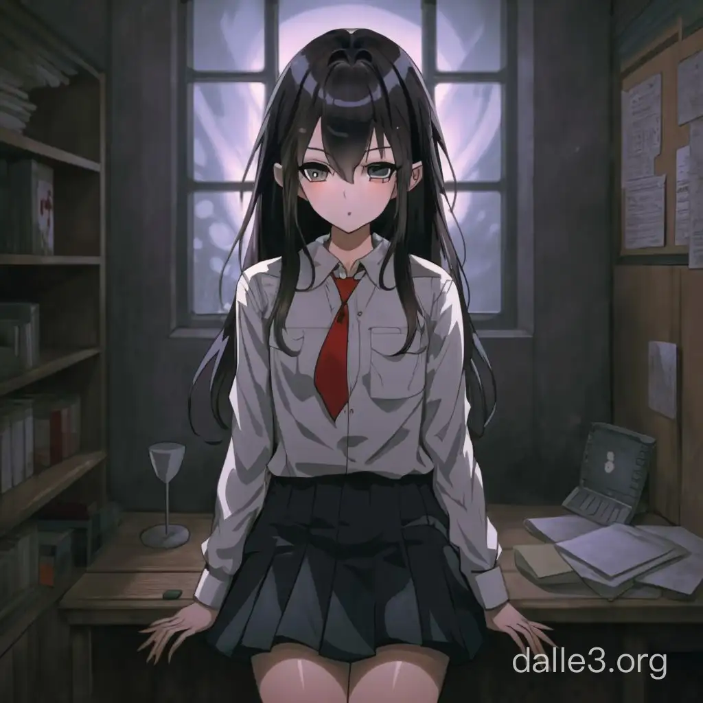 Anime style picture of a boy, with long black hair, black eyes, one eye covered by hair, wearing a shirt and a skirt, stockings, in a dark room, feminine male, submissive