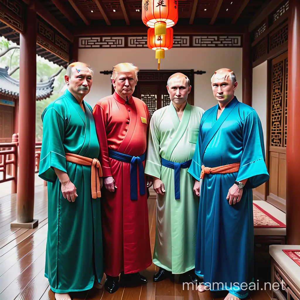 65years old real face trump wear green sleep robe and putin wear whiten sleep robe,  playing chinese blue majong  with two chinese  ancient ming dynasty 1 class offisers  , in ancient dynasty chinese style tea house 
