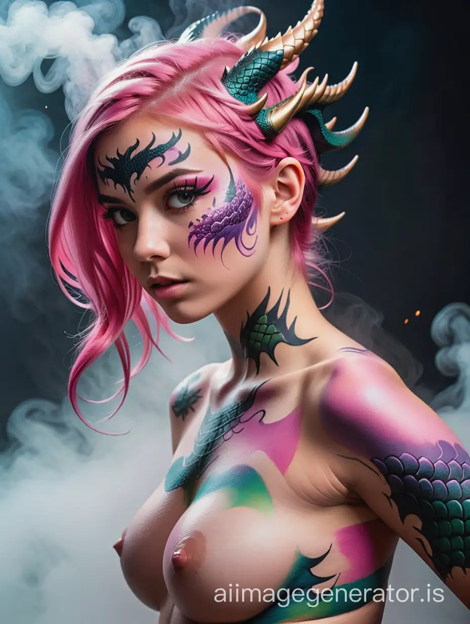 side view. Young woman with the ultimate make up. Heavy makeup, paint on face, dragon figures. Body paint, Pink Hair. Determined look on her face. nude. body above hips in shot. stomach in picture. Rim light, professional photograph. Lots of mist and fog. Realistic photograph