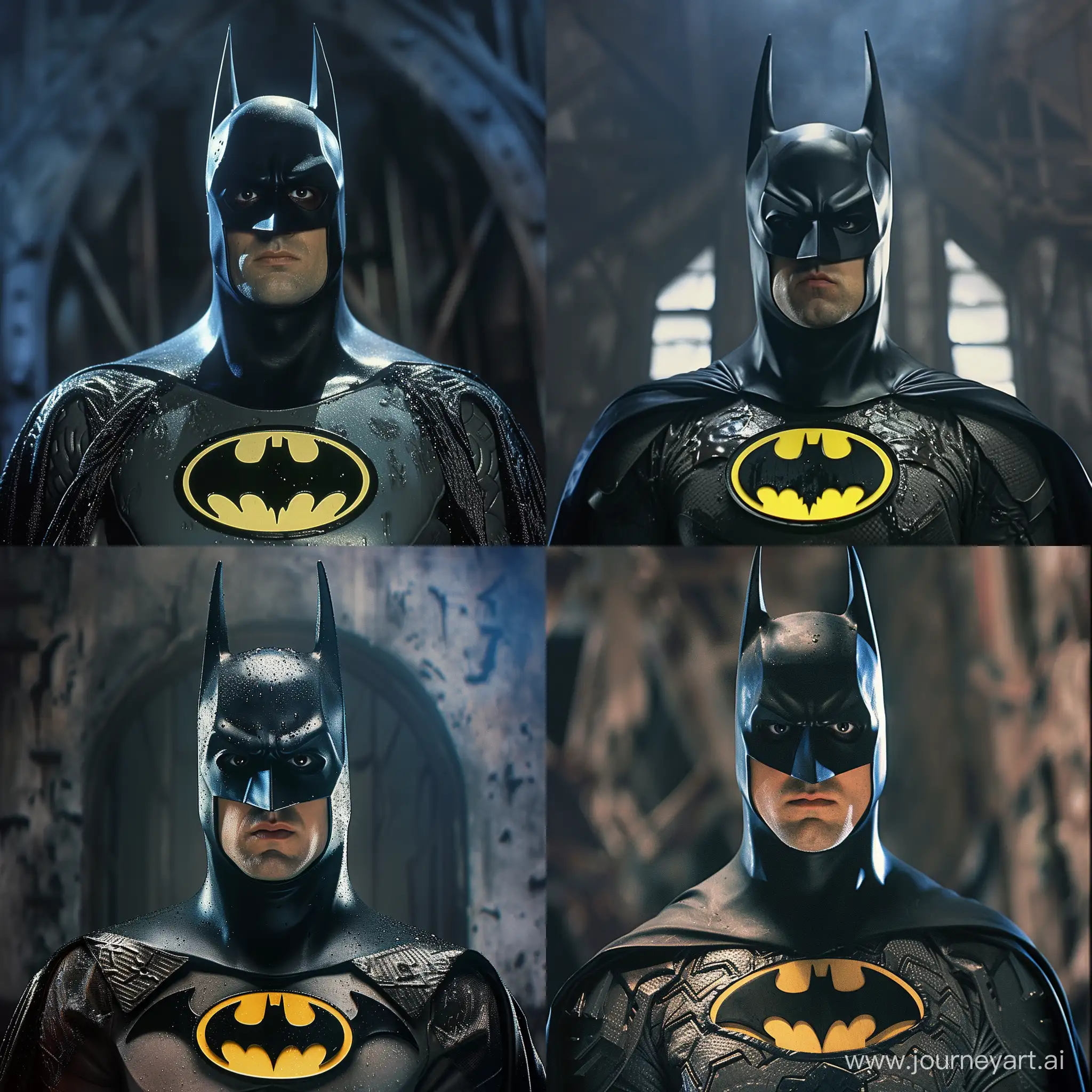 a close-up of  Batman 1989 costume, featuring the iconic cowl with the bat ears and the opening for the eyes and lower part of the face. The character's expression is serious or stern, consistent with the typical portrayal of Batman as a determined and intense superhero. The costume appears to be made of a material that mimics the texture of armor, likely symbolizing Batman's readiness to face danger. The lighting is dim, suggesting a dark or nighttime setting, which is characteristic of the Gotham City environment where Batman often operates. The background is blurred and not clearly discernible, but it seems to be a gloomy and possibly industrial setting, adding to the overall dark and gritty atmosphere often associated with Batman media.