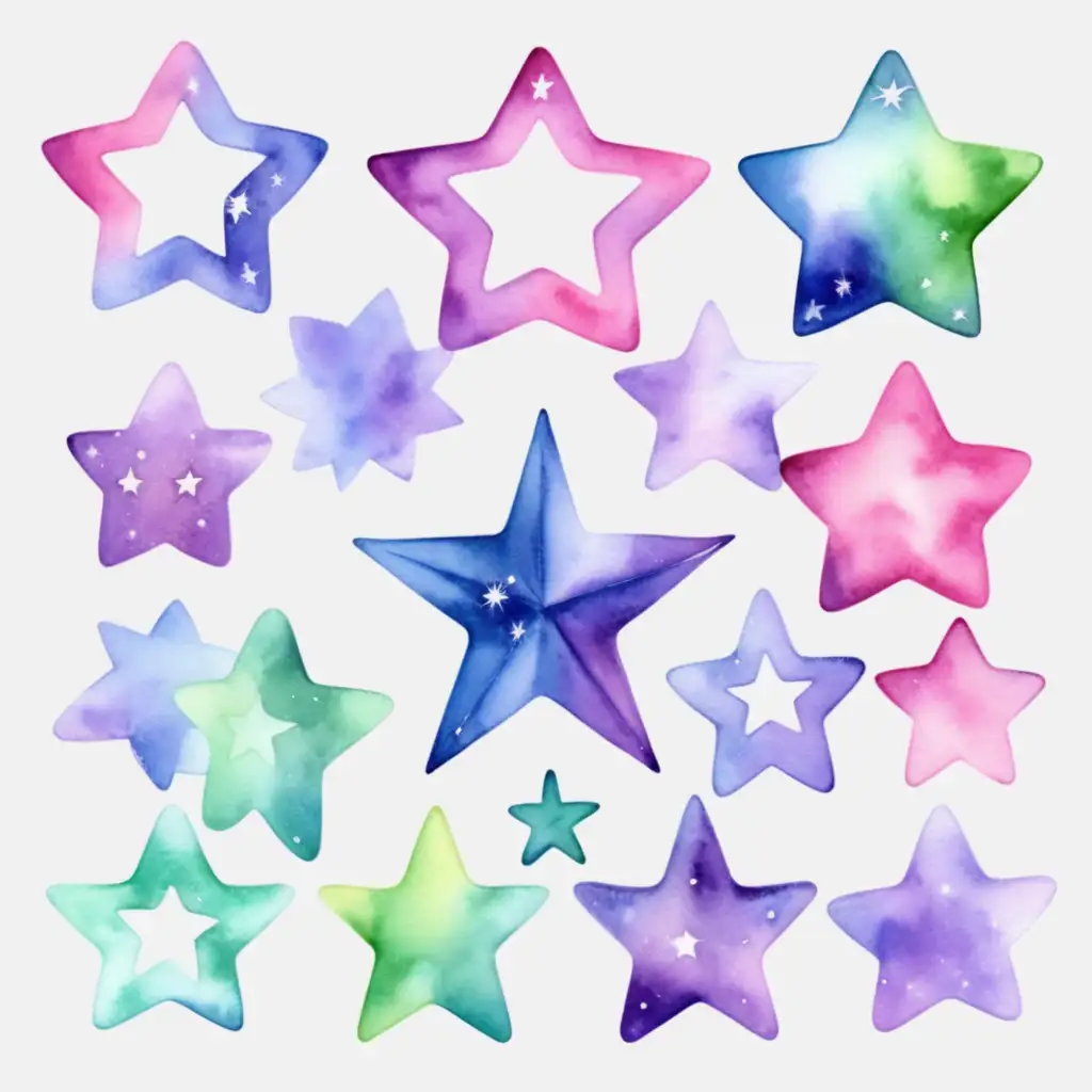 SET WATERCOLOR BLUE, PURPLE, GREEN AND PINK STARS SEPERATED ON TRANSPARENT BACKGROUND