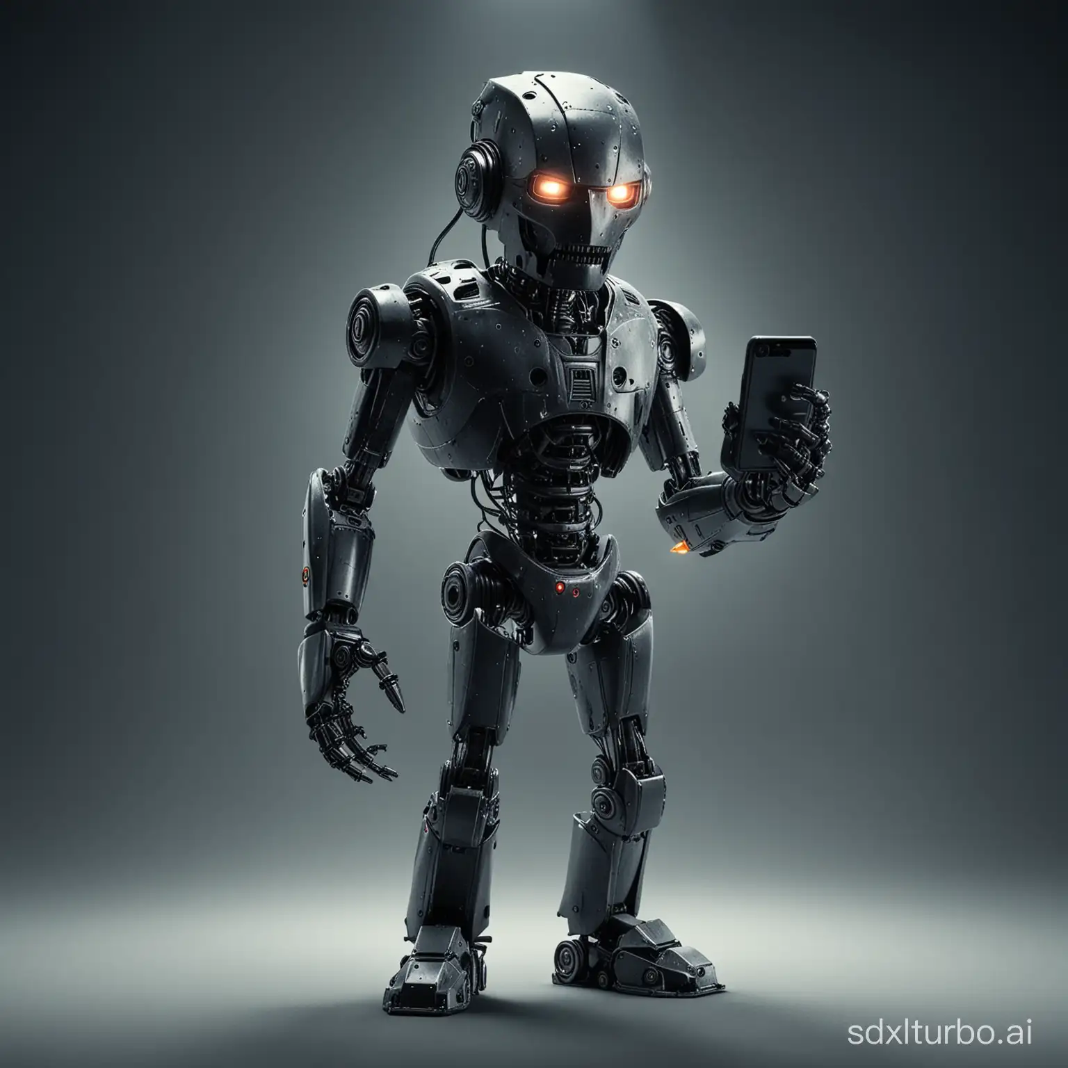 The evil robot is holding a phone in his hand, dramatic, cinematic lighting