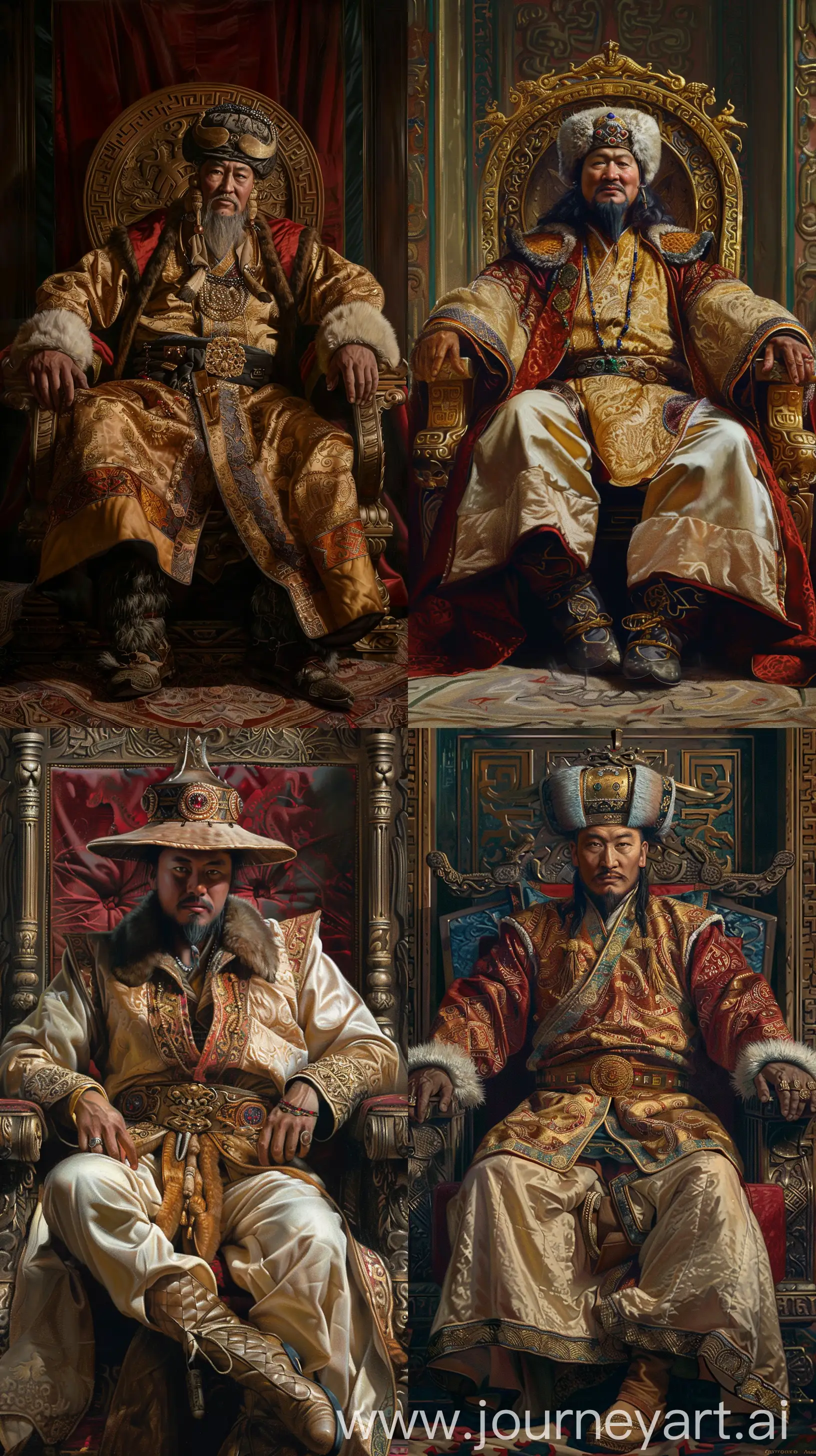 Genghis Khan in his traditional silk robe and hat, sitting on throne, detailed face, renaissance style painting --ar 9:16