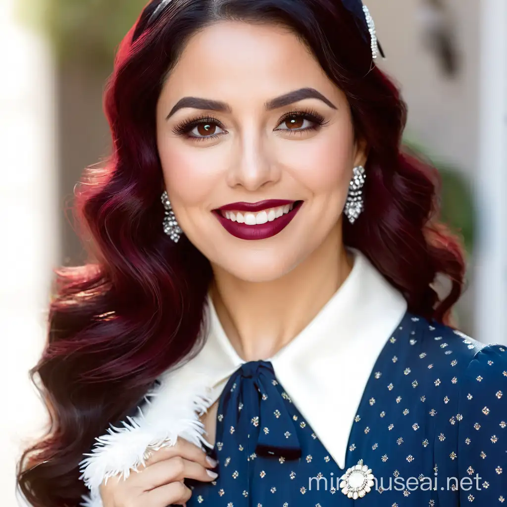 A realistic illustration of a beautiful grown-up latina woman, chibi style,  with light skin, dressed as a 1920s flapper, black and burgundy outfit, white background , shimmering make up, long lashes, beautiful 