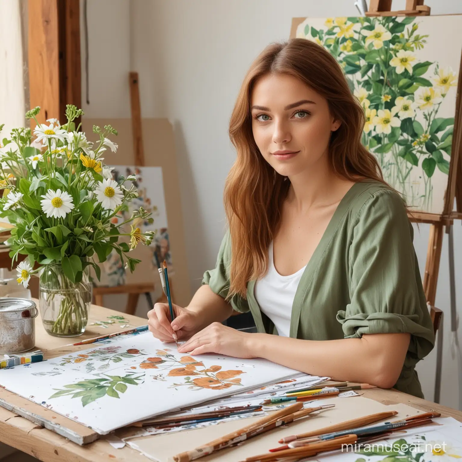 экстерьер дизайн студии, картины, цветы, учитель рисования сидит за столом, красивая женщина, зеленые глаза, волосы каштановые средней длины.