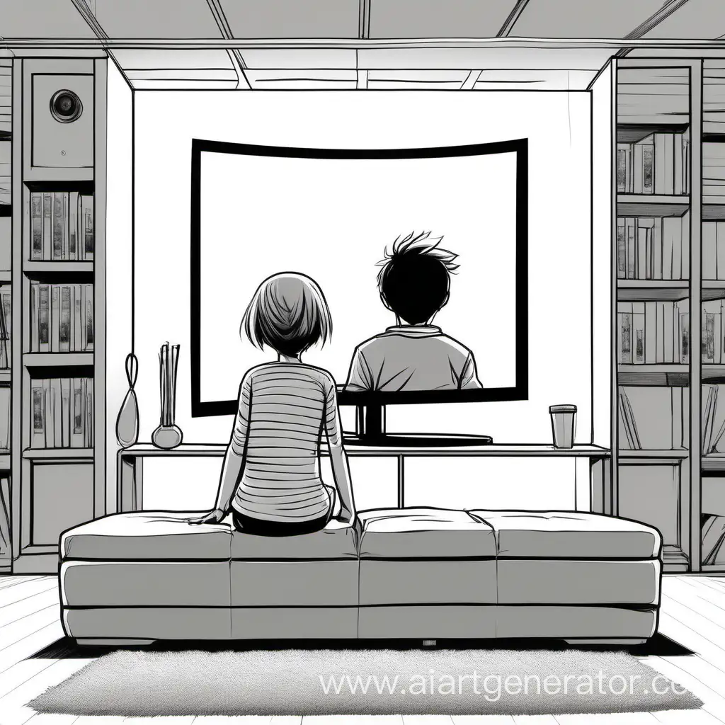 This is a reference for drawing in manga style, with realistic proportions. It shows a guy and a girl watching a movie on a plasma TV. The figure shows only the outline of the figure. There are no clothes, no hair, no eyes in the drawing, just blanks in the form of a pose