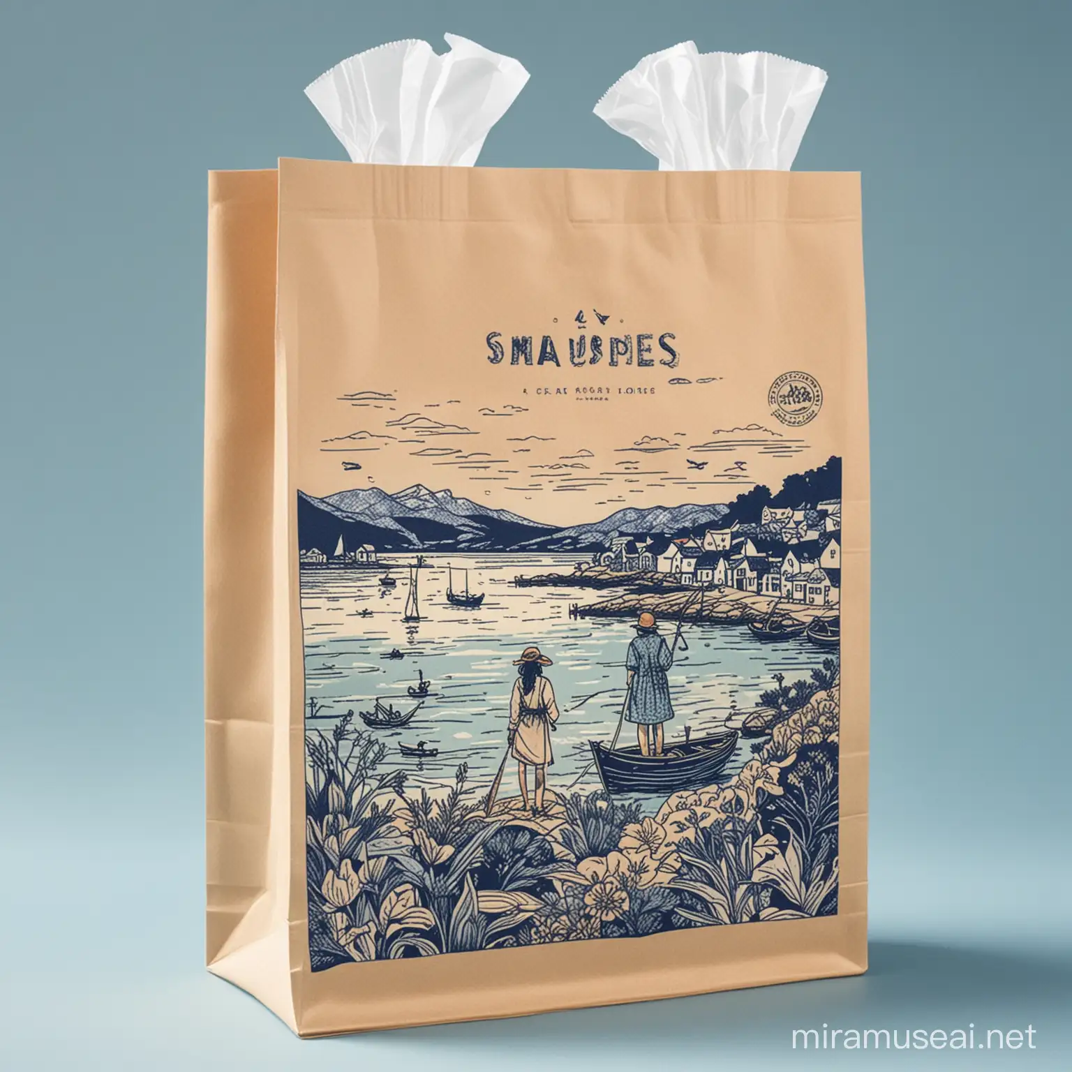 海带食品包装袋，包装袋手绘图案有大海、蓝天和一个渔村少女，画面简约